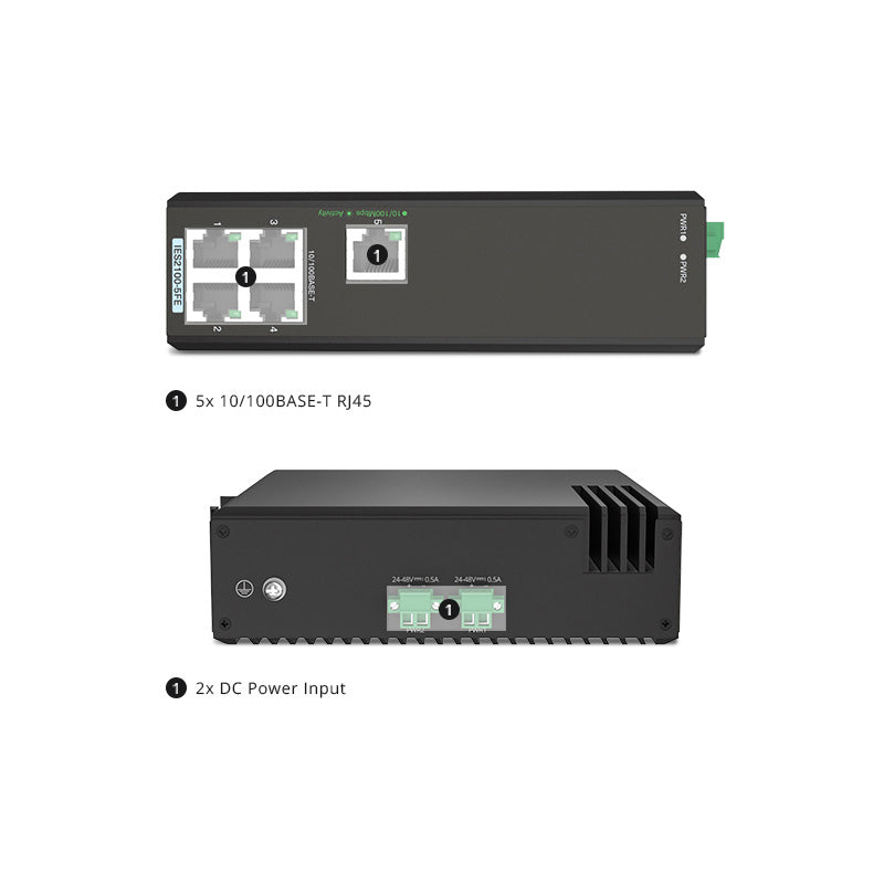 FS-IES2100-5FE, 5-Port Fast Ethernet L2 Unmanaged Industrial Switch, 5 x 10/100MBASE-T, -40 to 75°C Operating Temperature
