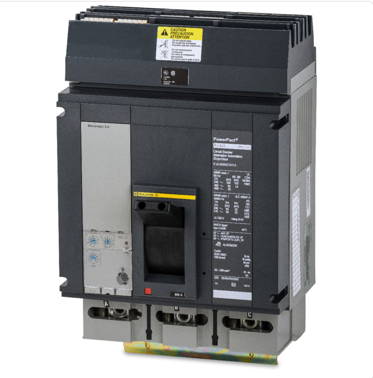 PJA36080CU41A | Square D PowerPacT P-Frame 800A 3-Pole Molded Case Circuit Breaker, 600VAC