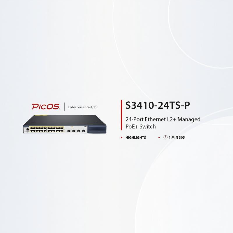 S3410-24TS-P, 24-Port Gigabit Ethernet L2+ PoE+ Switch, 24 x PoE+ Ports @740W, with 2 x 10Gb SFP+ Uplinks and 2 x Combo SFP Ports, PicOS®, Support MLAG, Broadcom Chip