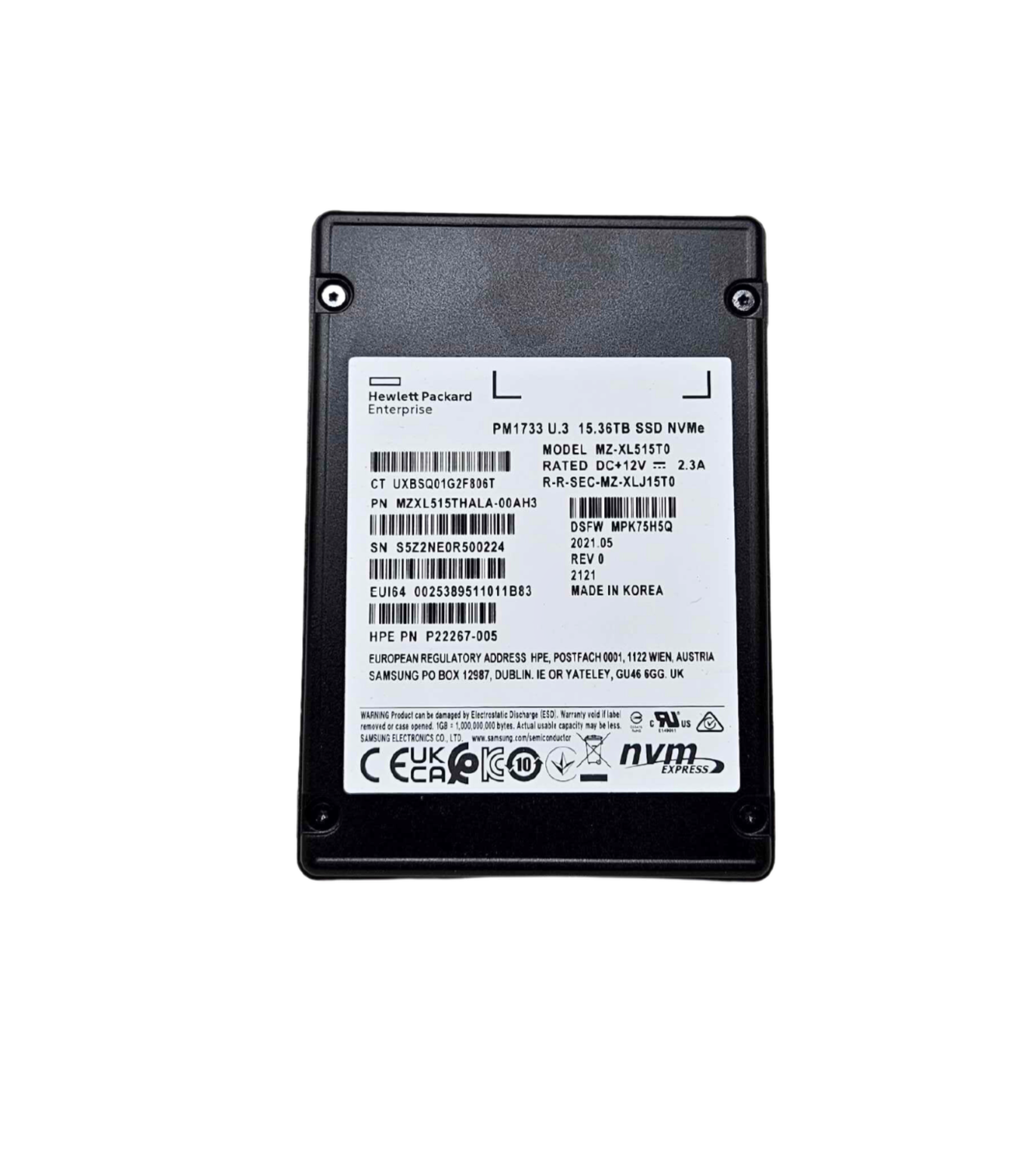 HPE 15.36TB NVMe U.3 PCIe G4 x4 2.5" RI SSD Samsung PM1733 Series MZ-XLJ15T0 P22267-005