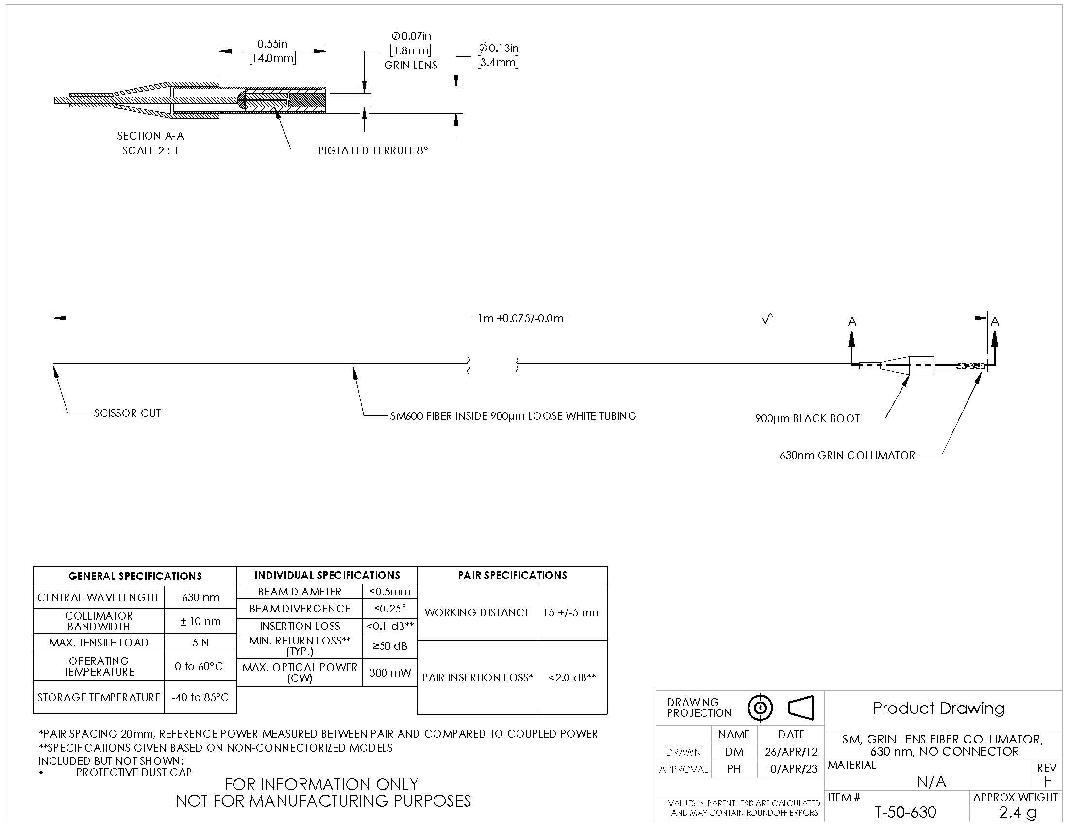 T-50-630 - Single Mode GRIN Fiber Collimator, 630 nm, No Connector