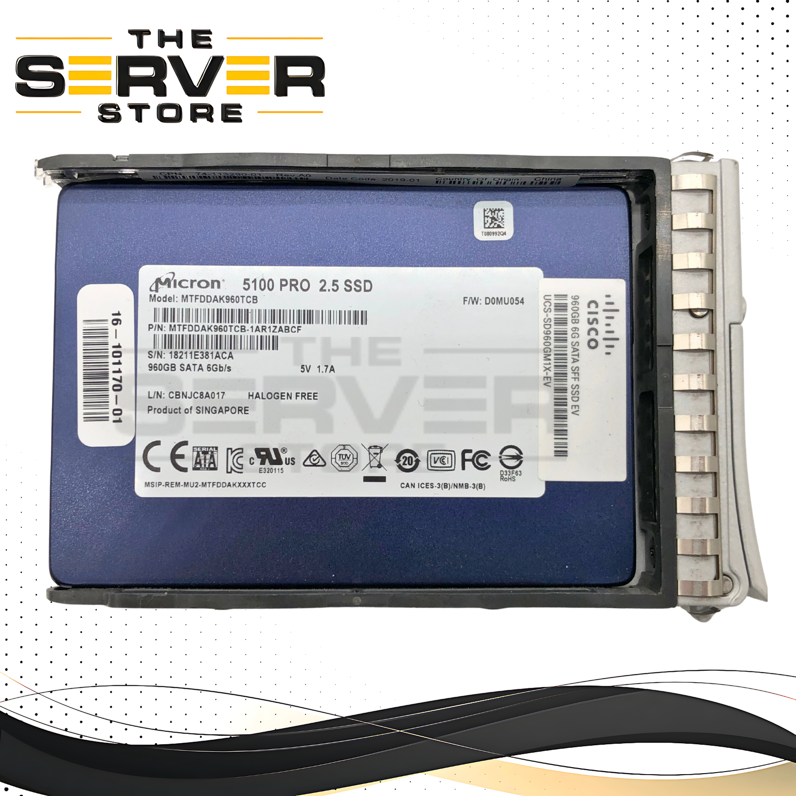 Cisco 960GB SATA 6Gb/s Mixed Use (MU) 2.5-inch SFF Solid State Drive (SSD) in Caddy. OEM by Micron 5100 Pro. P/N: 16-101170-01, 74-113290-01 Rev A0, UCS-SD960GM1X-EV.