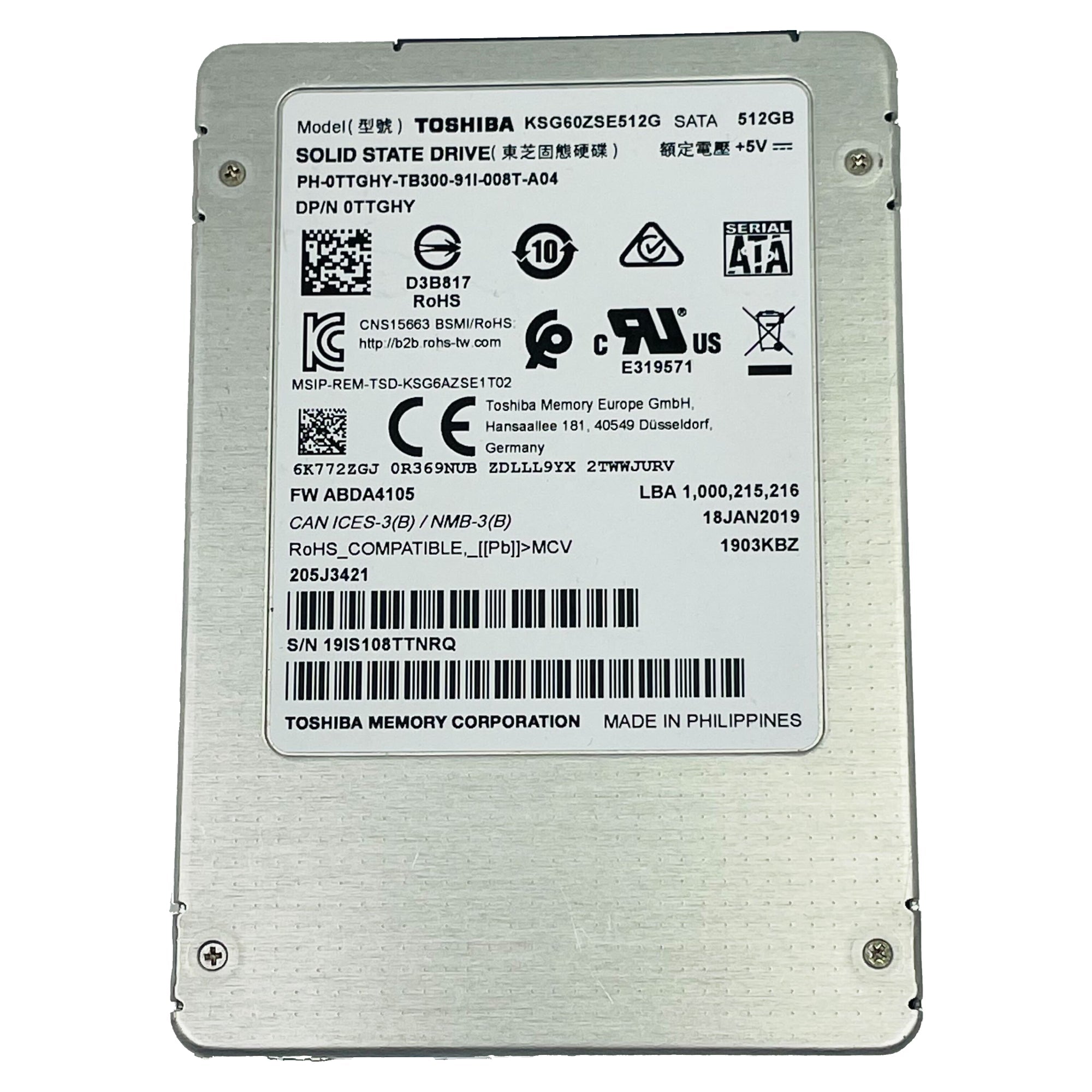 Dell 512GB SATA 6G SFF 2.5" SSD Toshiba KSG60ZSE512G