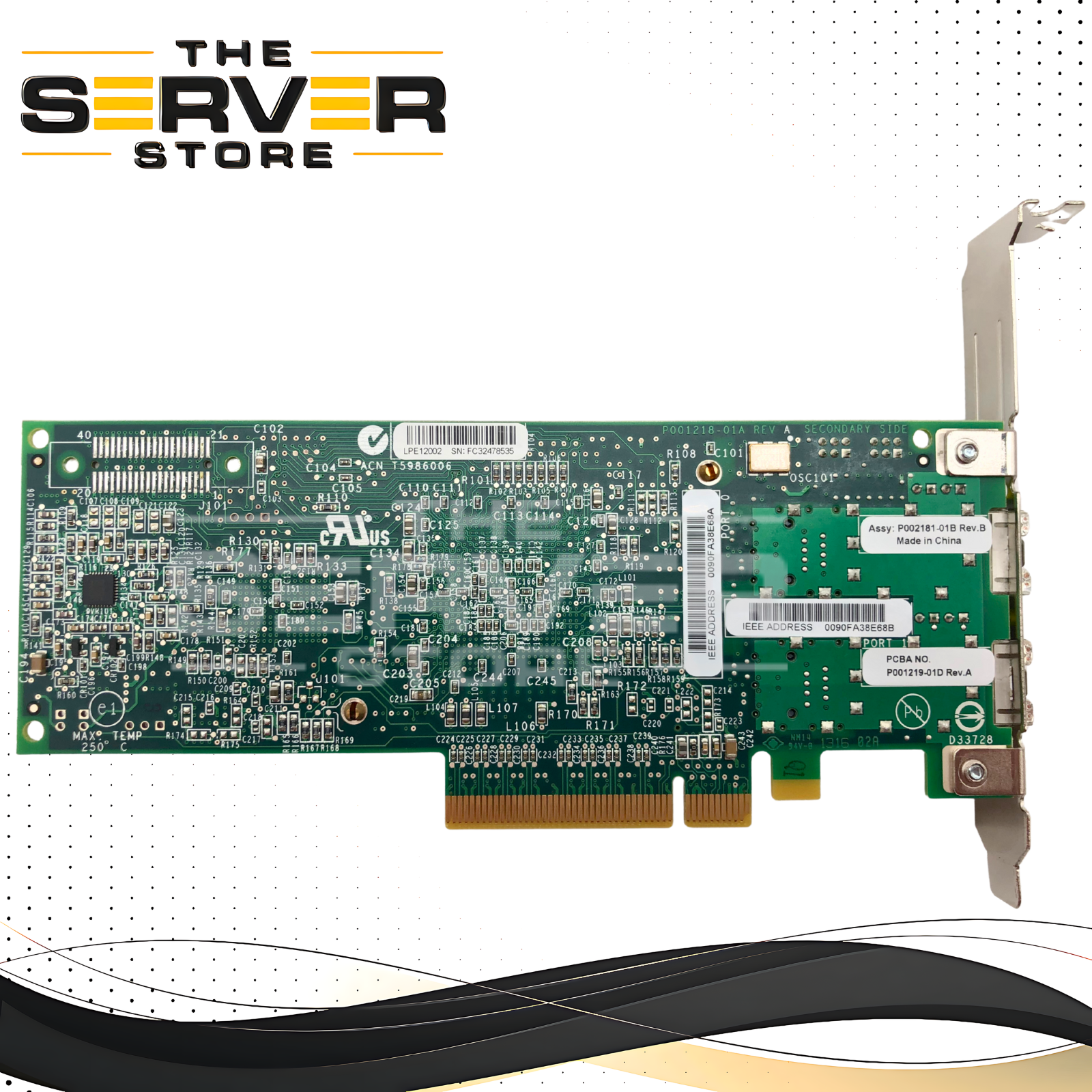 IBM Emulex LPE12002 8Gb/s Dual-Port Fibre Channel (FC) PCIe 2.0 x8 Host Bus Adapter (HBA). Feature Code: 577D. P/N: P001218-01A REV A, P002181-01B Rev. B, P001219-01D Rev. A, 00E0806.