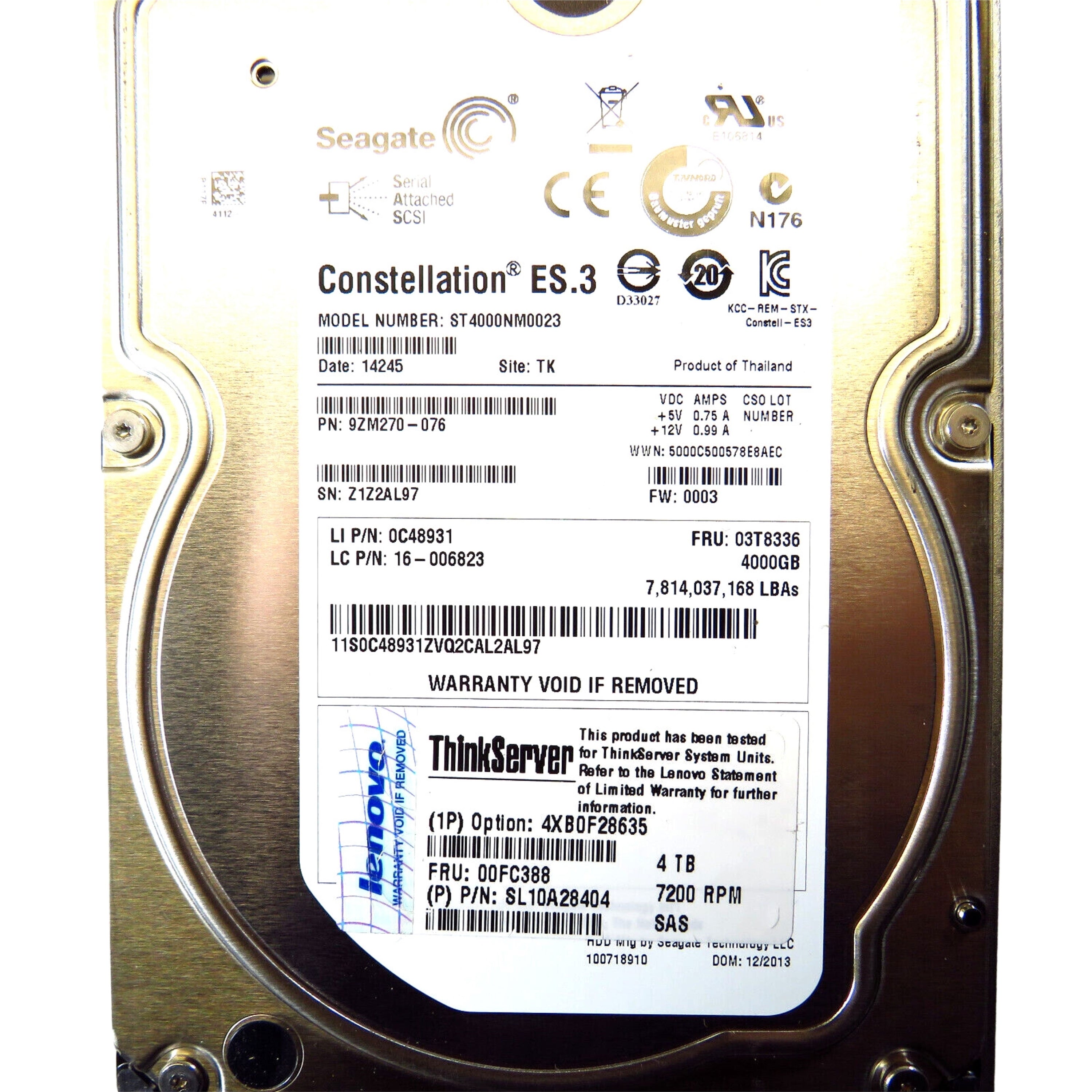 Lenovo 00FC388 3.5" 4TB 7200RPM SAS 6Gb/s Hard Disk Drive (HDD), Silver (Refurbished)