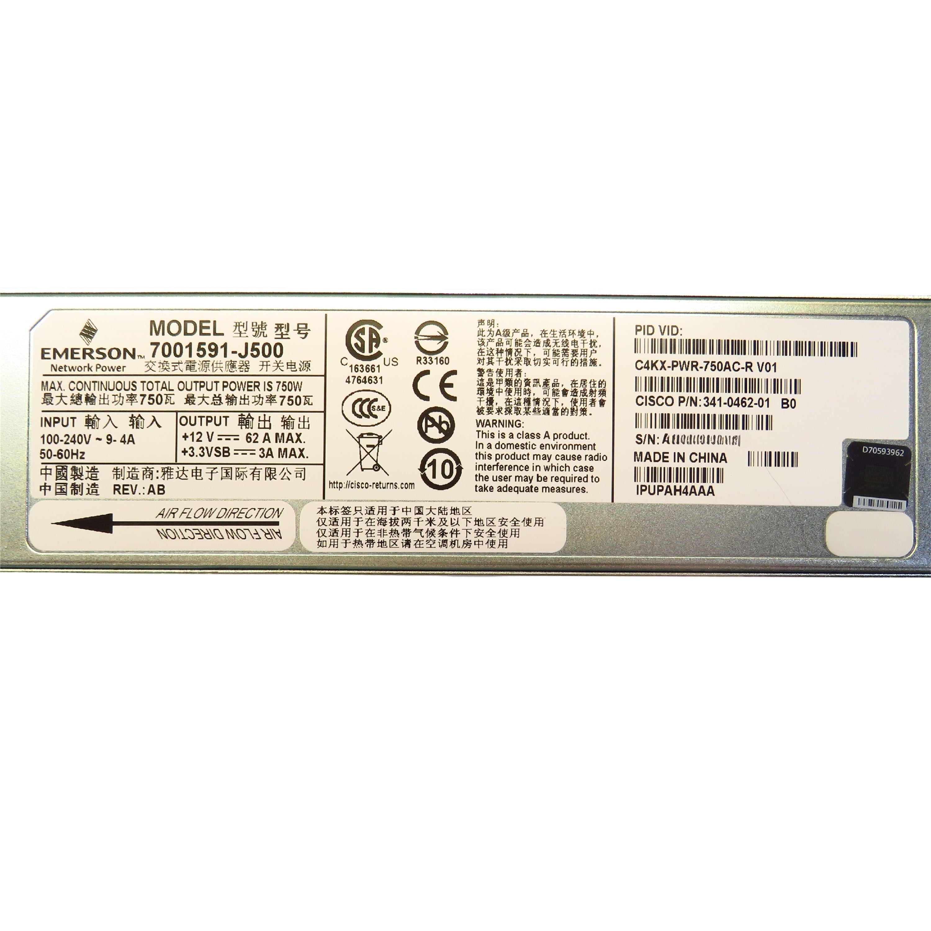 Cisco C4KX-PWR-750AC-R 750W AC Front-to-Back Cooling Power Supply (Refurbished)