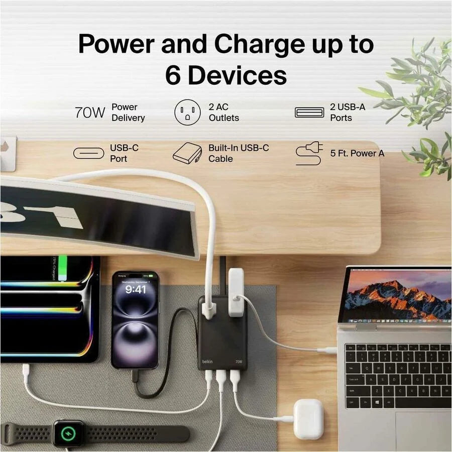 Belkin 2-Outlet Charging Station w/ 2x USB-A, 1x USB-C Ports + Tethered USB-C Cable 70W - 5ft Cord - Black