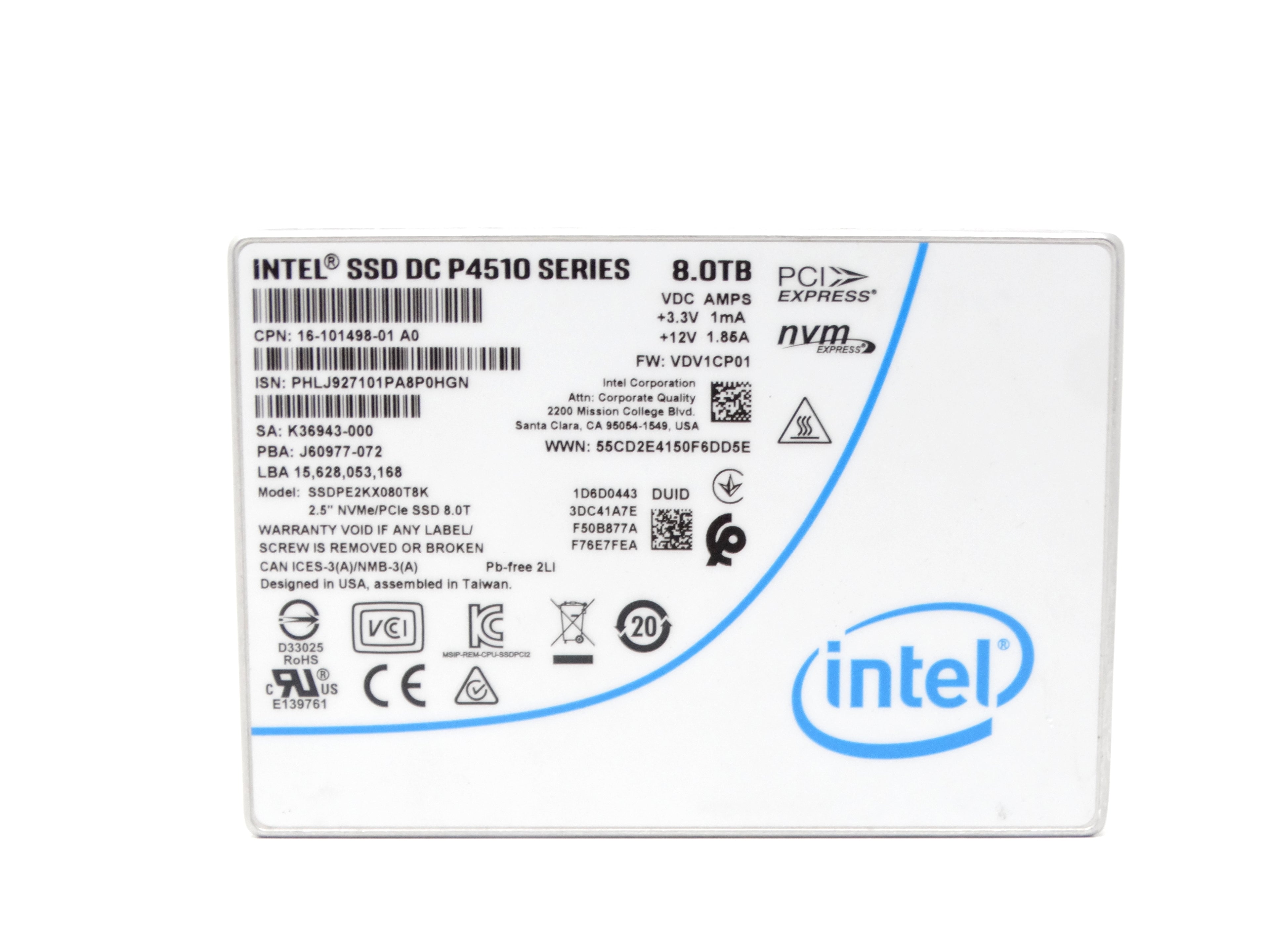 Intel 8TB NVMe U.2 PCIe Gen 3.0 x4 RI SFF 2.5" SSD DC P4510 Series SSDPE2KX080T8K