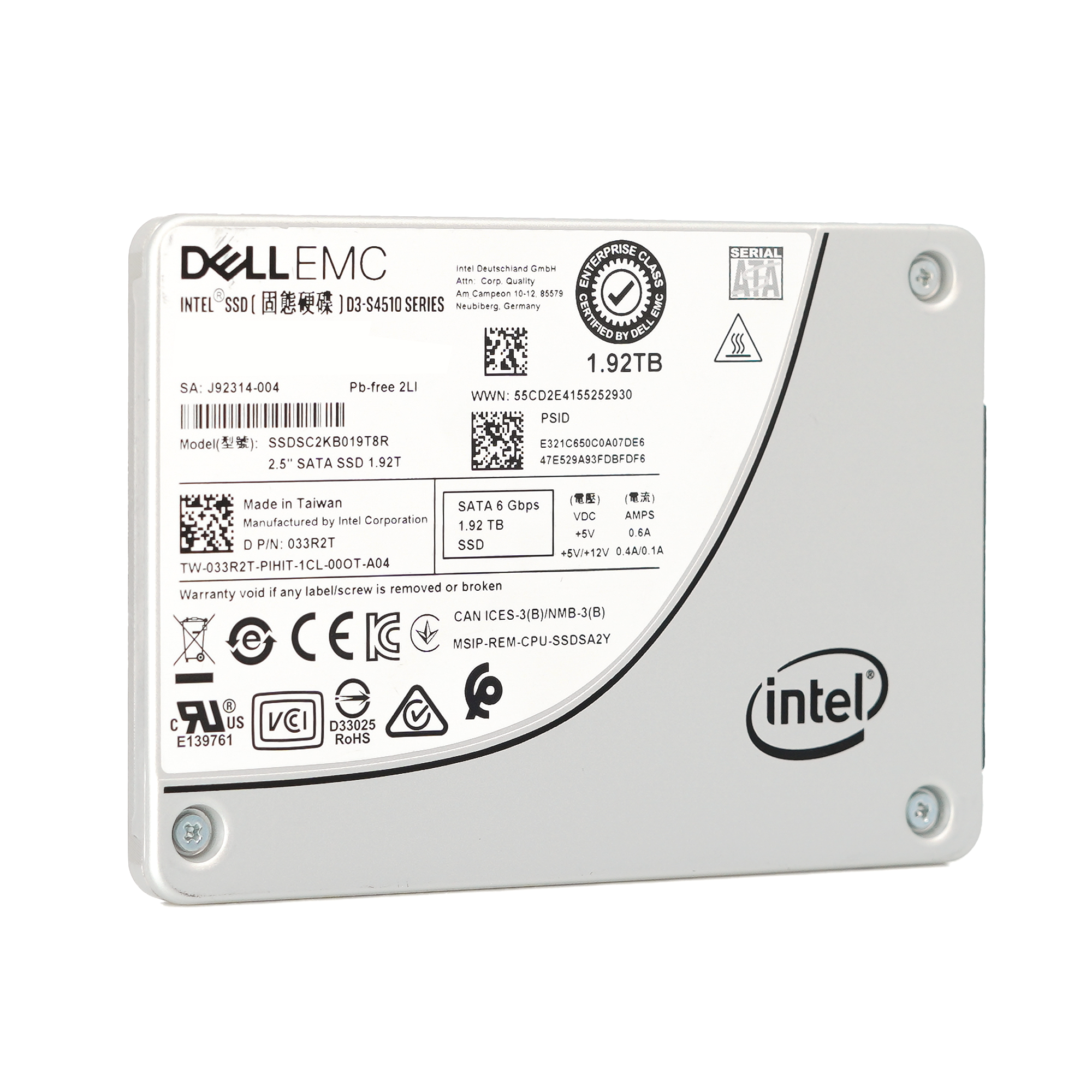 Dell S4510 33R2T SSDSC2KB019T8R 1.92TB SATA 6Gb/s 1DWPD Read Intensive 2.5in Refurbished SSD