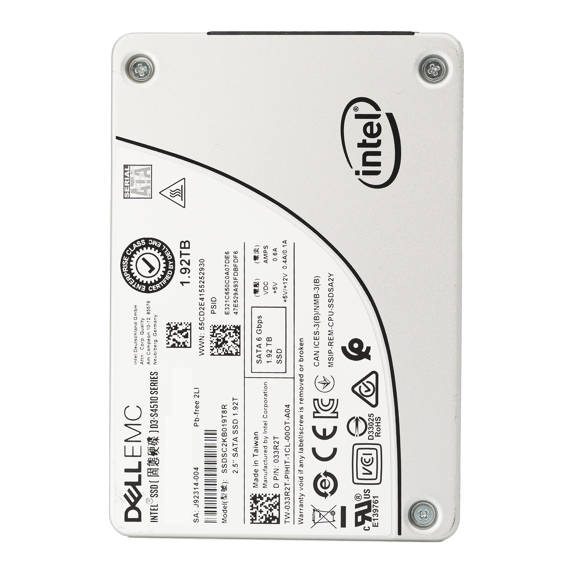 Dell S4510 33R2T SSDSC2KB019T8R 1.92TB SATA 6Gb/s 1DWPD Read Intensive 2.5in Refurbished SSD