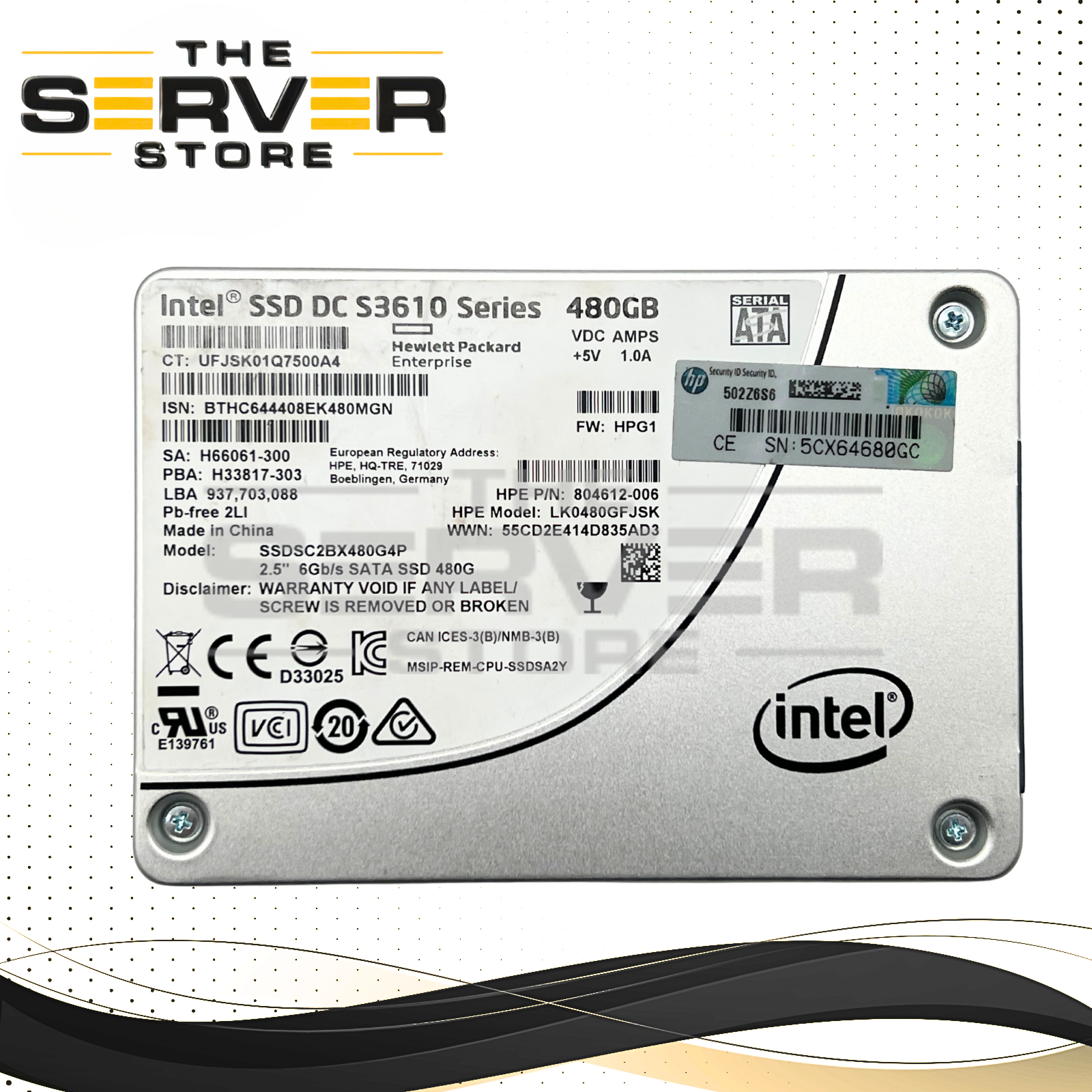 HPE 480GB SATA 6G MU 2.5" SDD Intel S3610 SSDSC2BX480G4P LK0480GFJSK 804612-006