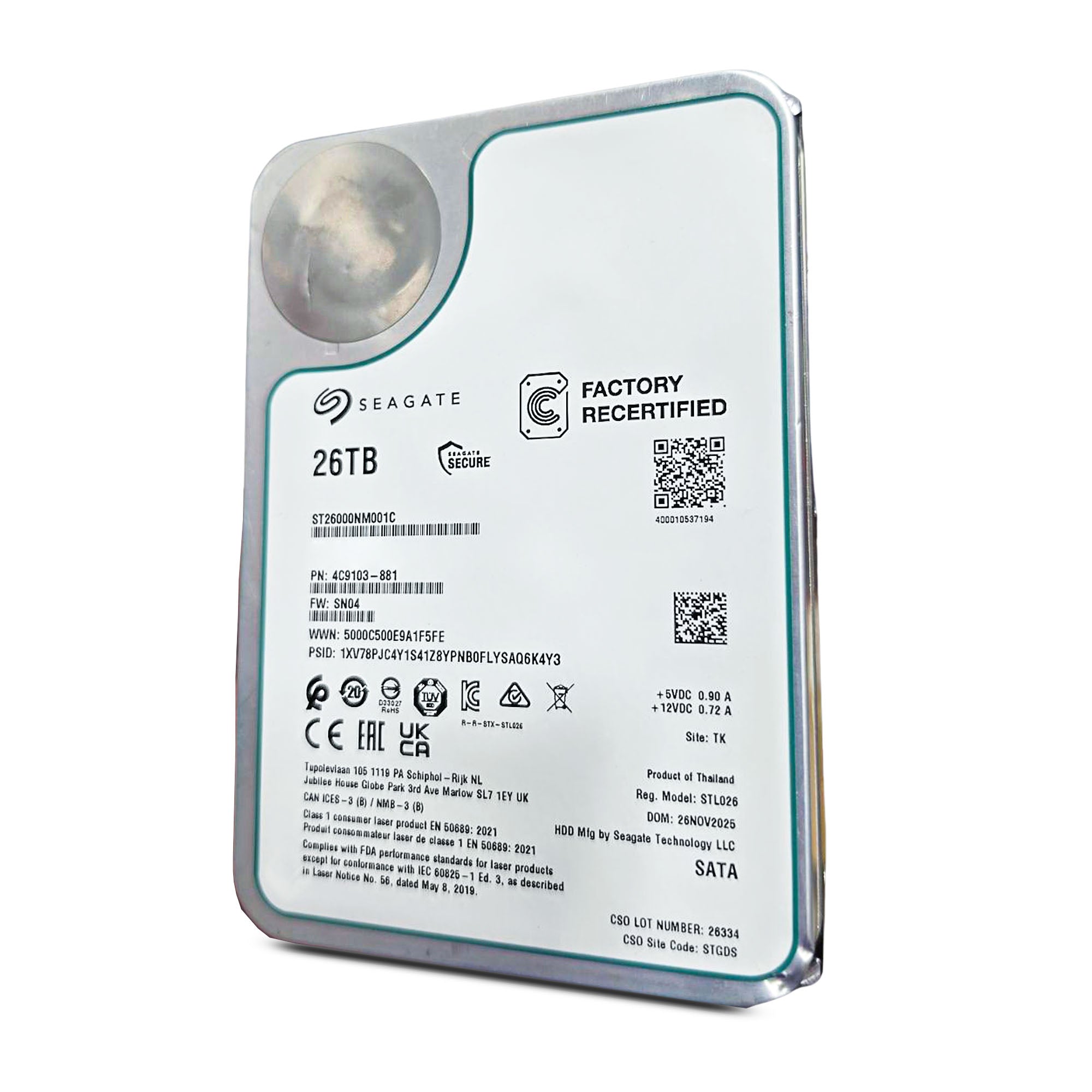 Seagate Exos ST26000NM001C 26TB 7.2K RPM SATA 6Gb/s 512e 512MB 3.5in Refurbished HDD