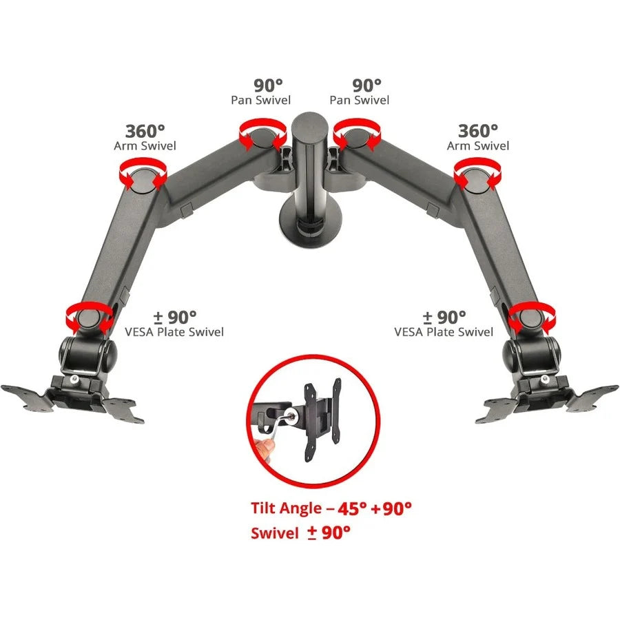 SIIG Dual Arm Pole Multi-Angle Replaceable Articulating Monitor Desk Mount - 14" to 30" - Max Load 17.6lbs each - Expandable Slide Rails Design - up to 4 monitors