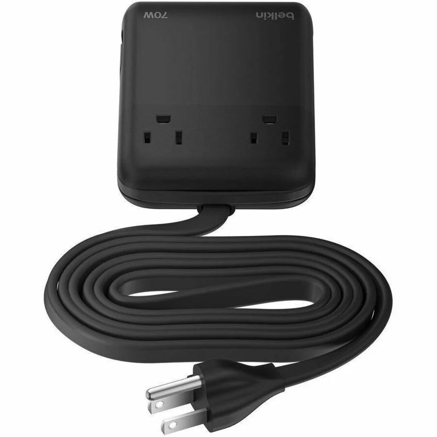 Belkin 2-Outlet Charging Station w/ 2x USB-A, 1x USB-C Ports + Tethered USB-C Cable 70W - 5ft Cord - Black