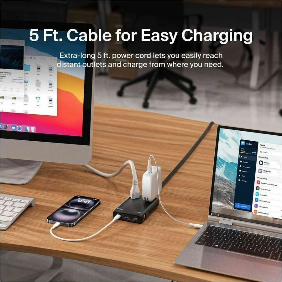 Belkin 2-Outlet Charging Station w/ 2x USB-A, 1x USB-C Ports + Tethered USB-C Cable 70W - 5ft Cord - Black