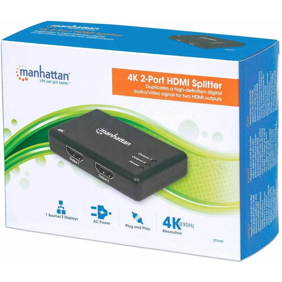 HDMI Splitter 2-Port , 4K@30Hz, Displays output from x1 HDMI source to x2 HD displays (same output to both displays), AC Powered (cable 0.9m), Black, Three Year Warranty
