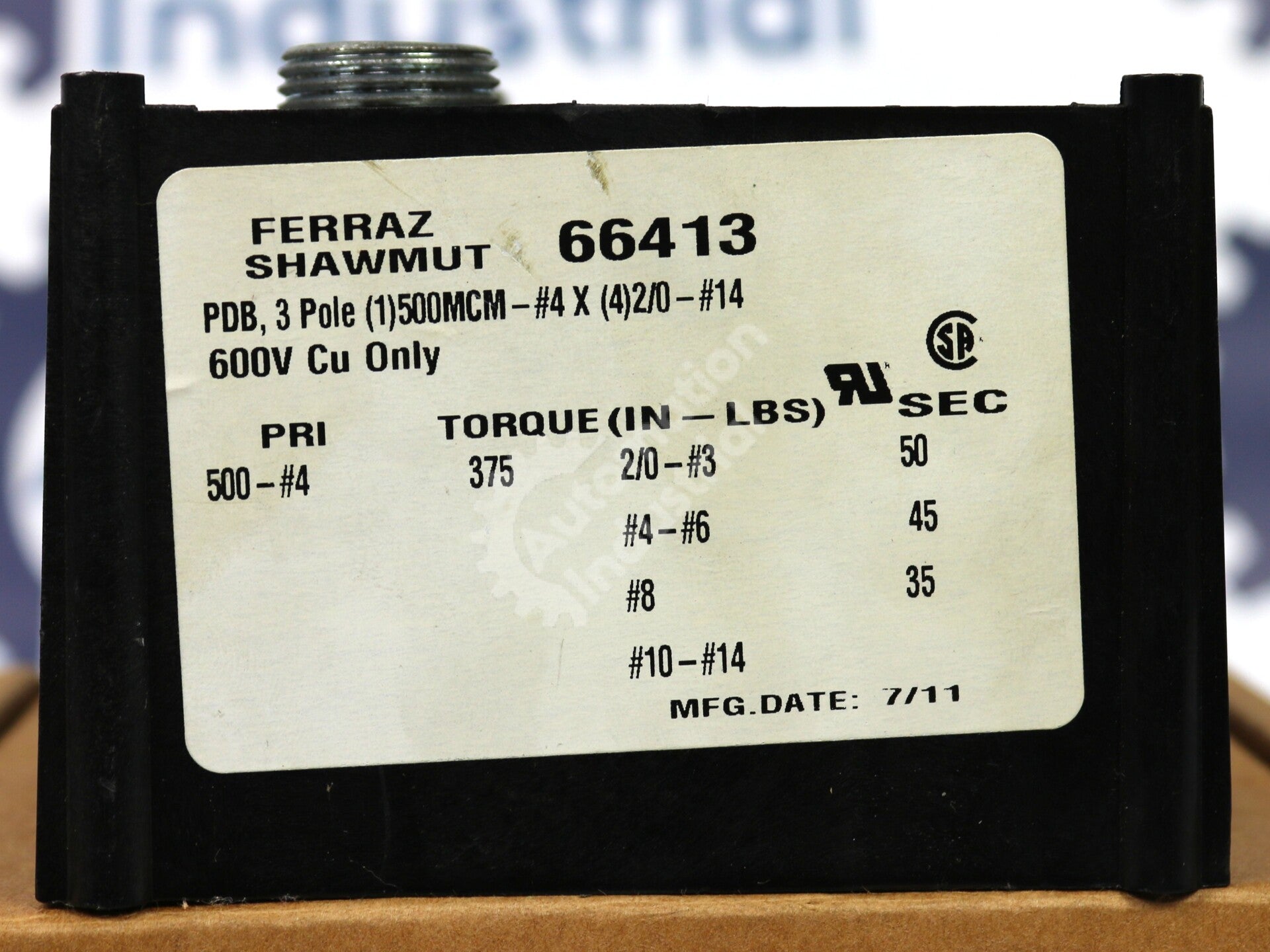66413 By Ferraz Shawmut 600V 3-Pole Power Distribution Block