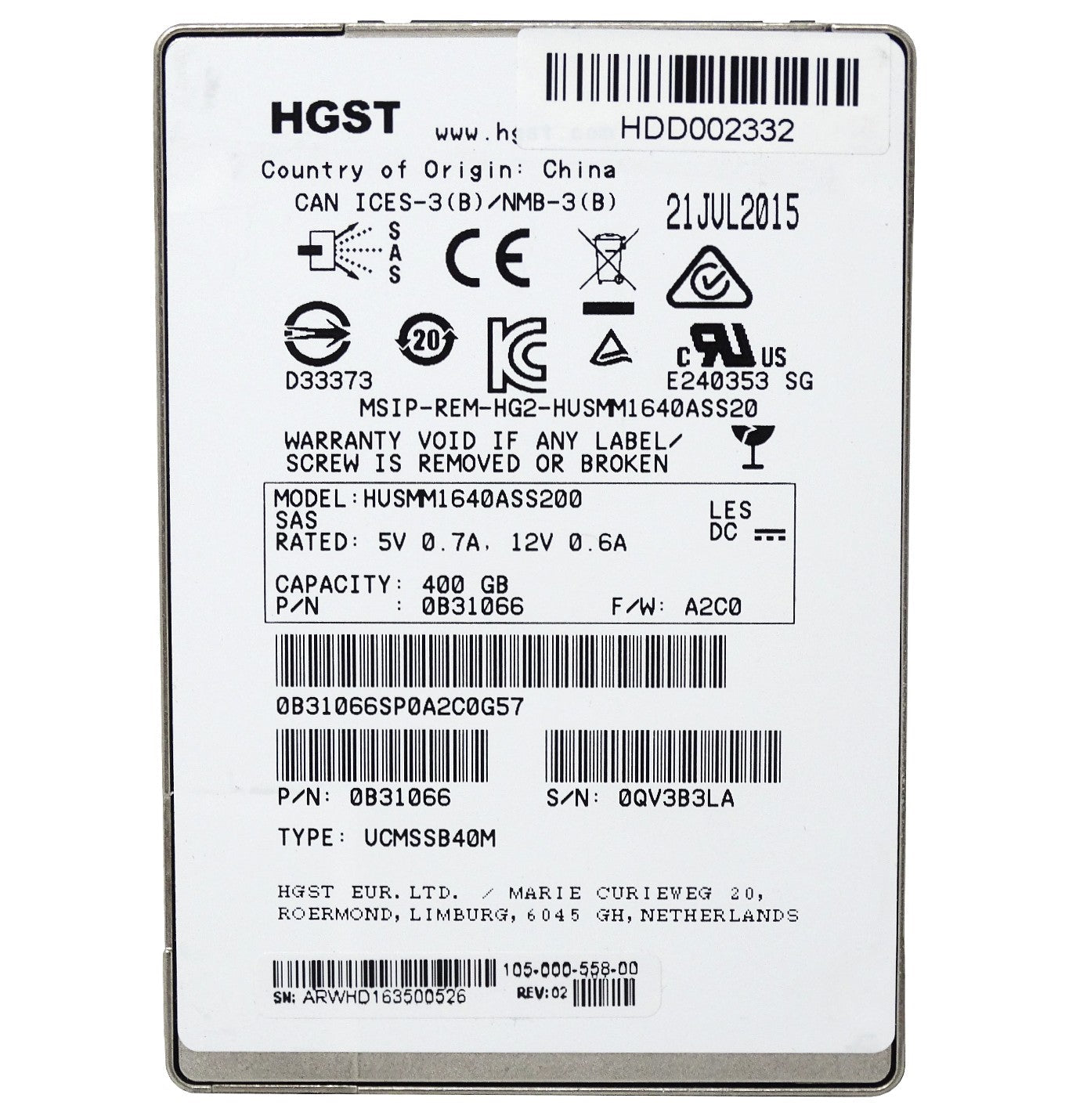 HGST 400GB SAS 12Gb/s 2.5'' Solid State Drive SSD (0B31066)