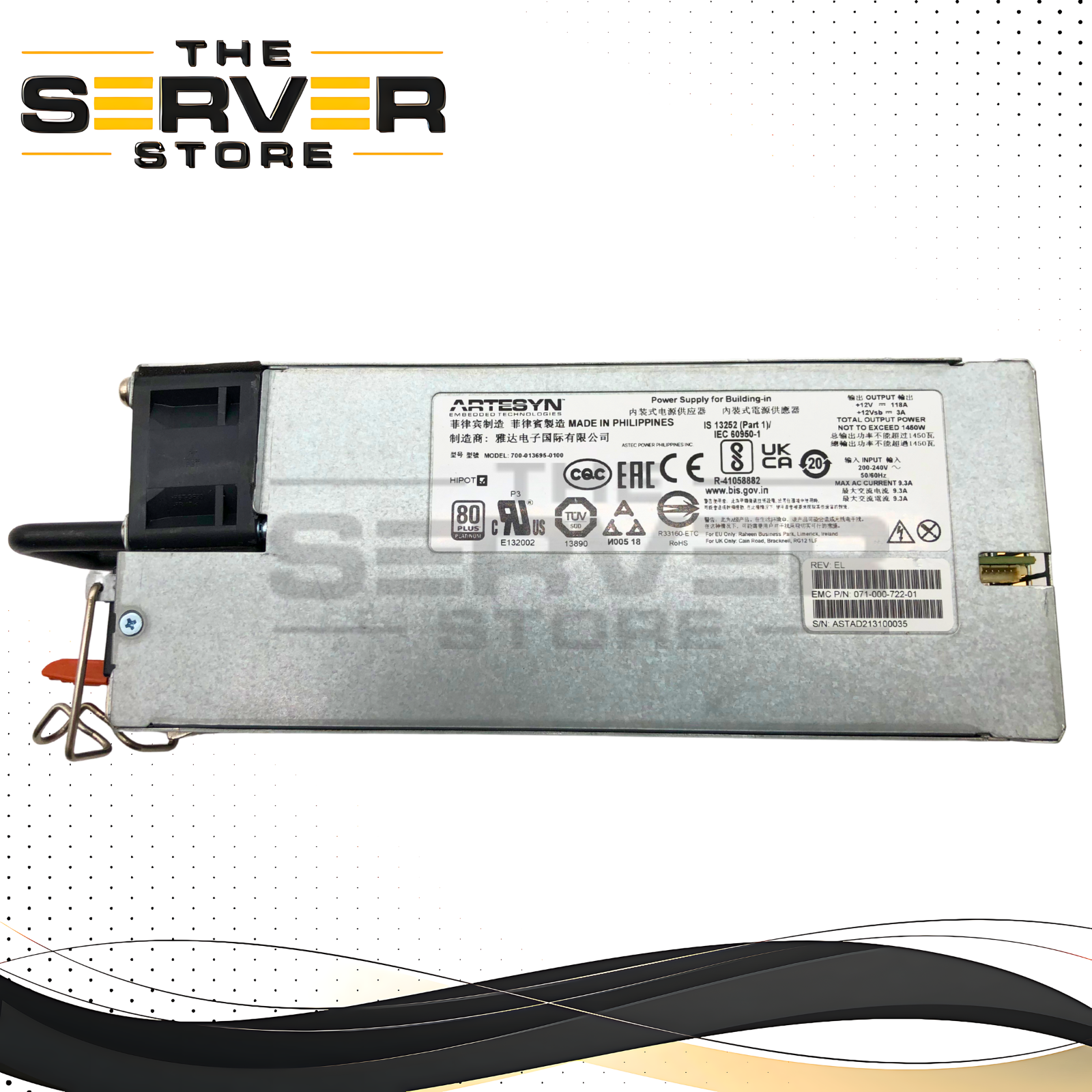 Dell EMC 1450W 80+ Platinum Hot-Swap Redundant Power Supply for VNX2 / VNX8000 Storage. OEM by Artesyn. P/N: R-41058882, 700-013695-0100, 071-000-722-01.