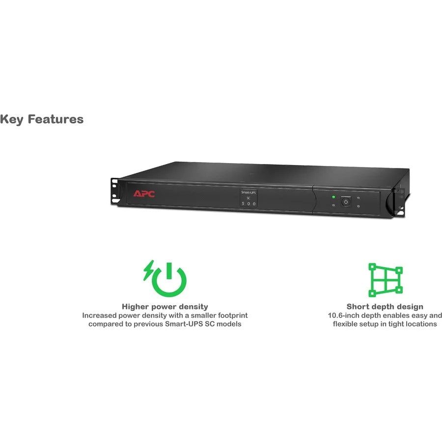 APC Smart-UPS, Line Interactive, 500VA, Rackmount 1U, 120V, 4x NEMA 5-15R outlets, Short Depth