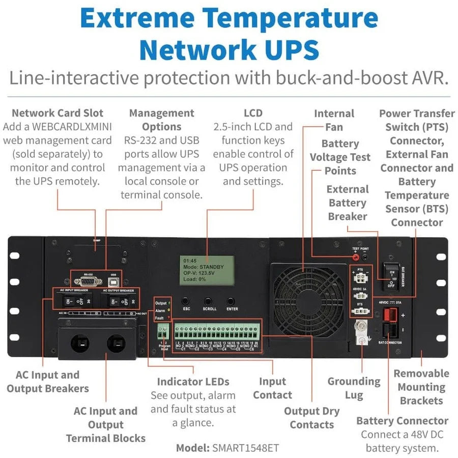 Eaton Tripp Lite Series 120VAC 48VDC 1500VA 1200W Extreme Temperature Network UPS for Industrial and Traffic Networks, 3U, Hardwire, TAA