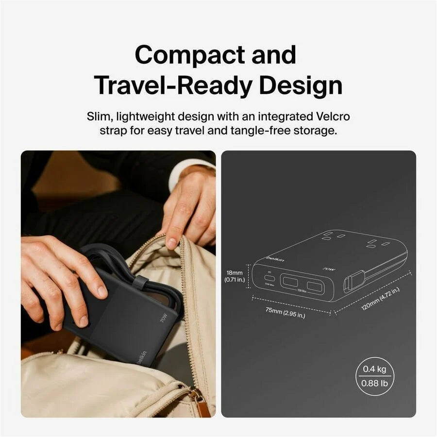 Belkin 2-Outlet Charging Station w/ 2x USB-A, 1x USB-C Ports + Tethered USB-C Cable 70W - 5ft Cord - Black