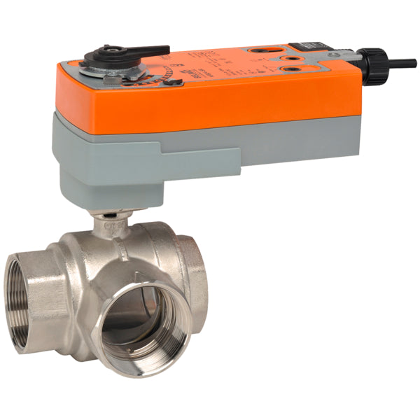 B340L+AFRX24-MFT | Belimo Three Way Ball Valve 1.5 Inch 57 Cv With Spring Return Actuator 24V