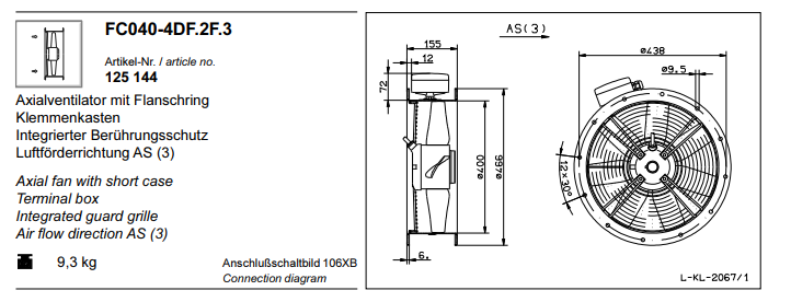 FC040-4DF.2F.3 ZIEHL-ABEGG Axial Fan 3~400V 0.28 kW 0.6A 1380 rpm