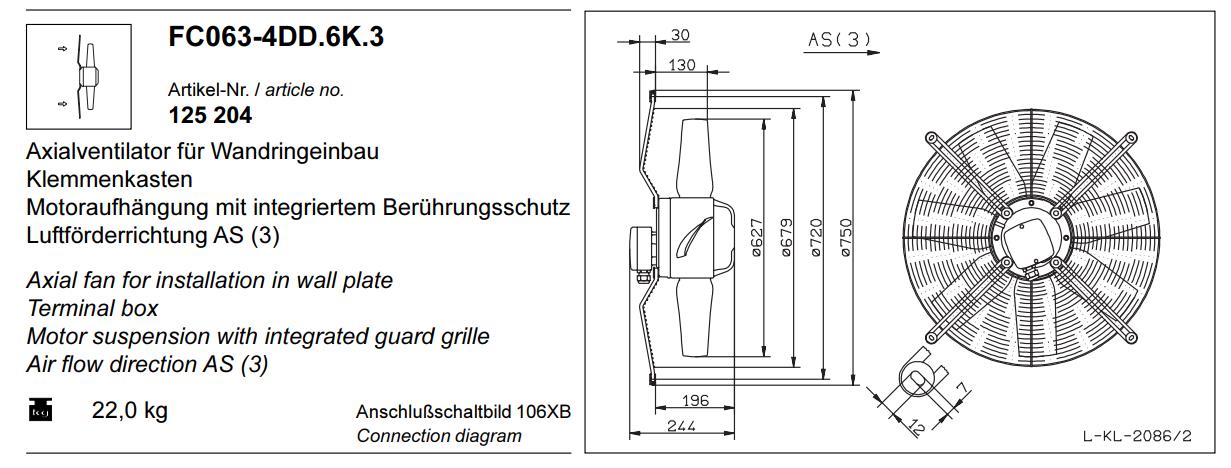 FC063-4DD.6K.3  ZIEHL-ABEGG Axial Fan 3~ 400V ± 10% 50 Hz 1.9kw, 3.2A 1360/rpm