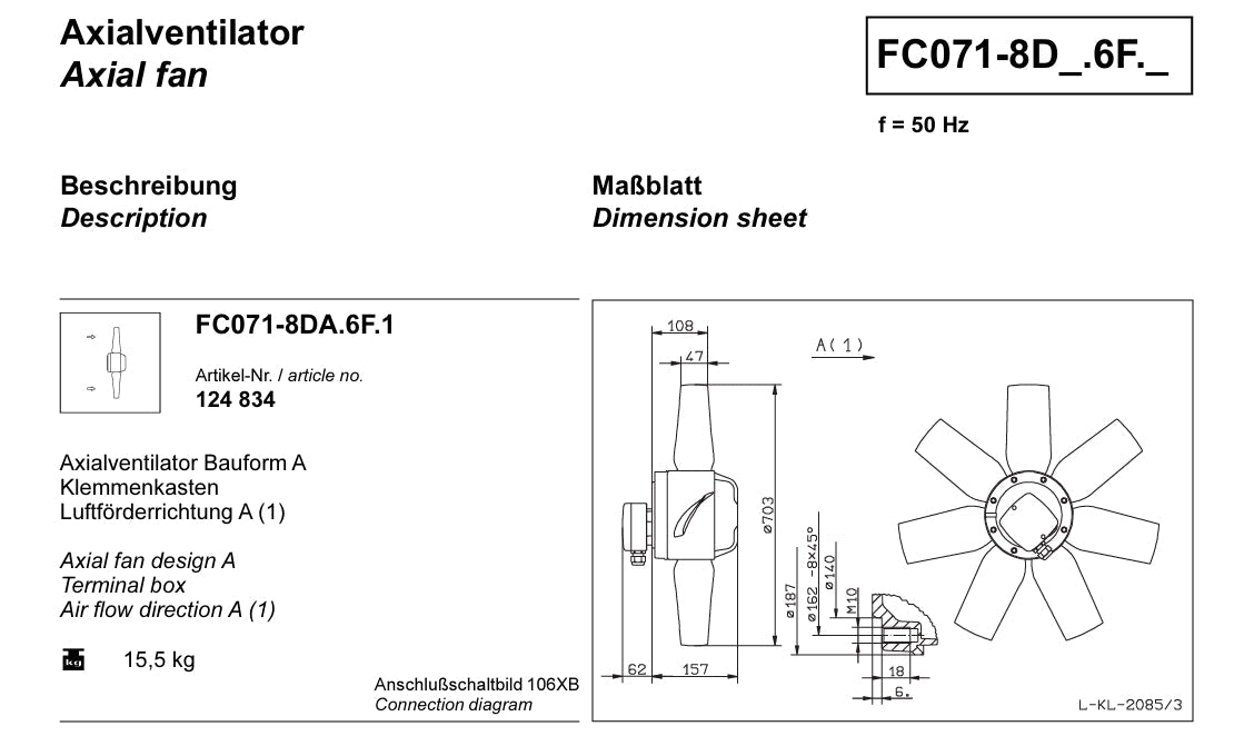 FC071-8DA.6F.1 ZIEHL-ABEGG Axial Fan 3~400 V 0.69 kW 3.0/1.75 A 670rpm