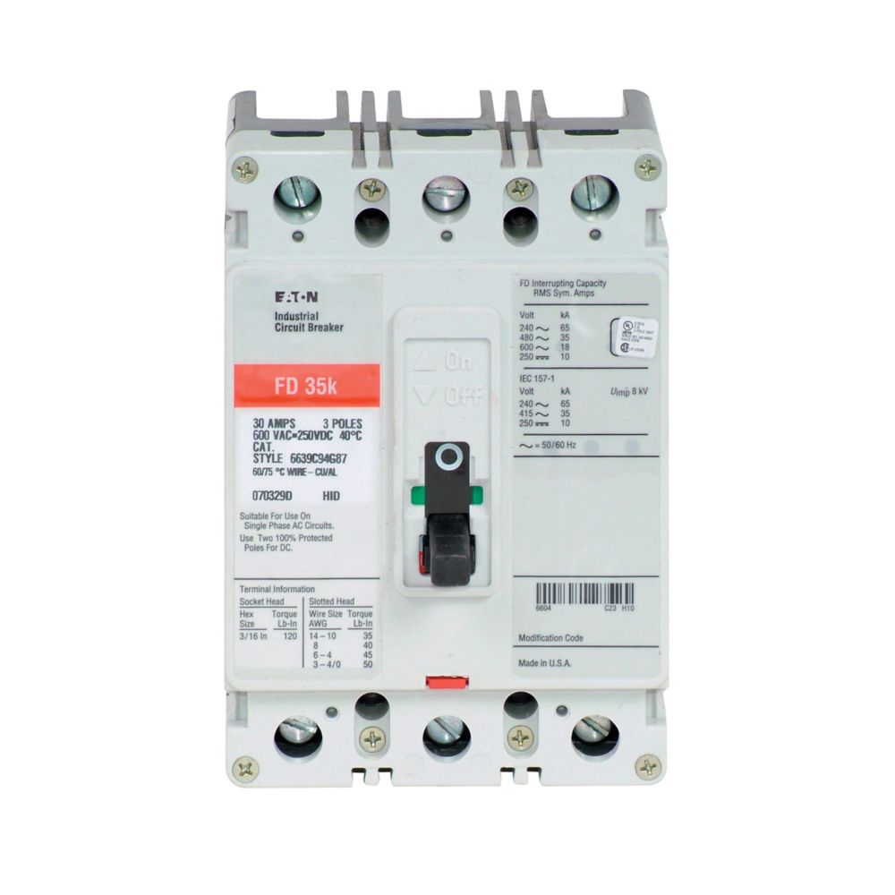 Eaton FD3100L Series C 100A 3-Pole Molded Case Circuit Breaker for Industrial Power Distribution