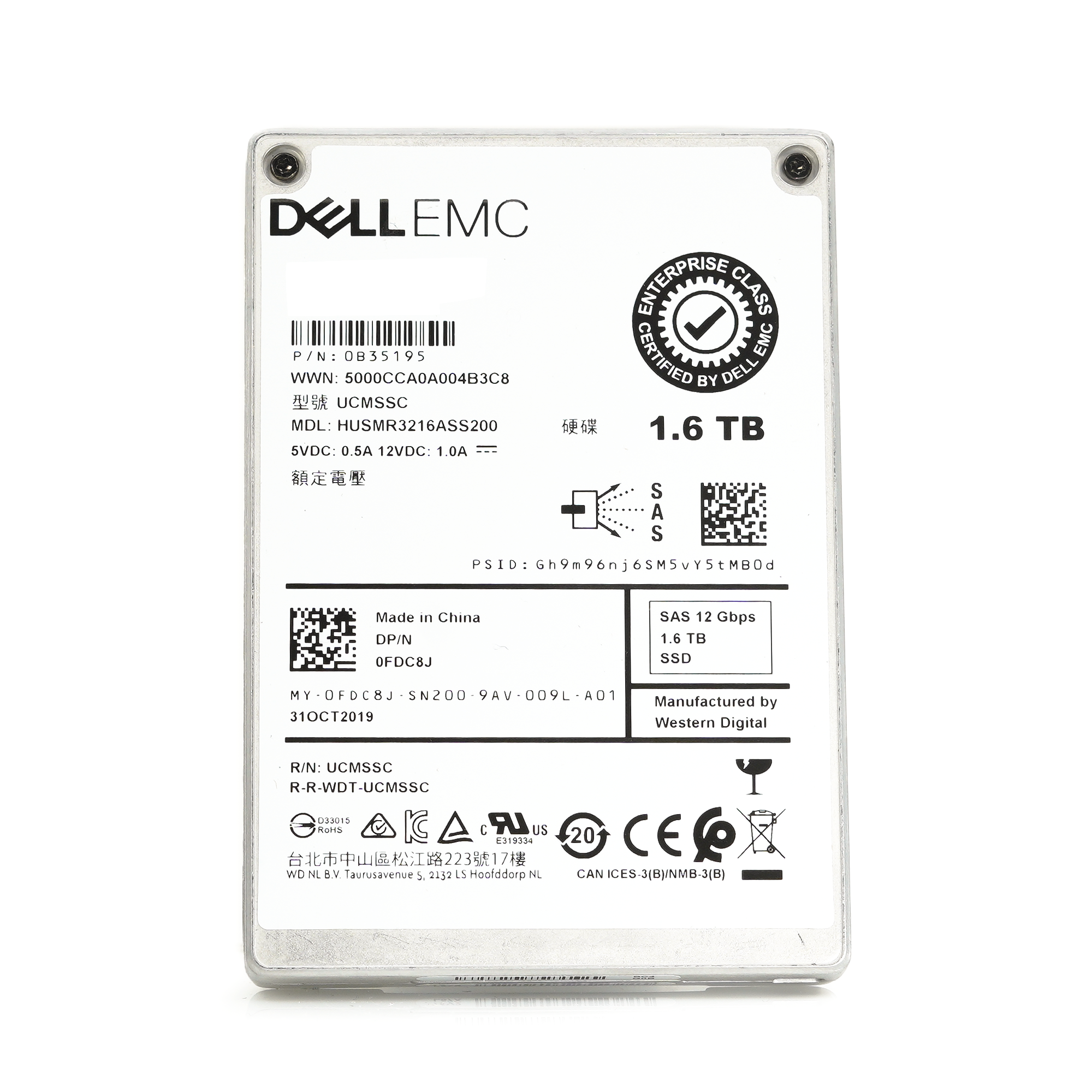 Dell Ultrastar DC SS300 FDC8J HUSMR3216ASS200 1.6TB SAS 12Gb/s 2.5in Solid State Drive