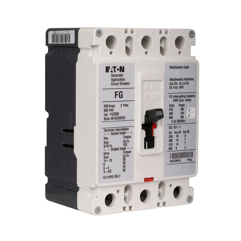 FG3200 | Eaton 200A F-Frame Engine Generator Molded Case Circuit Breaker 600VAC 3-Pole