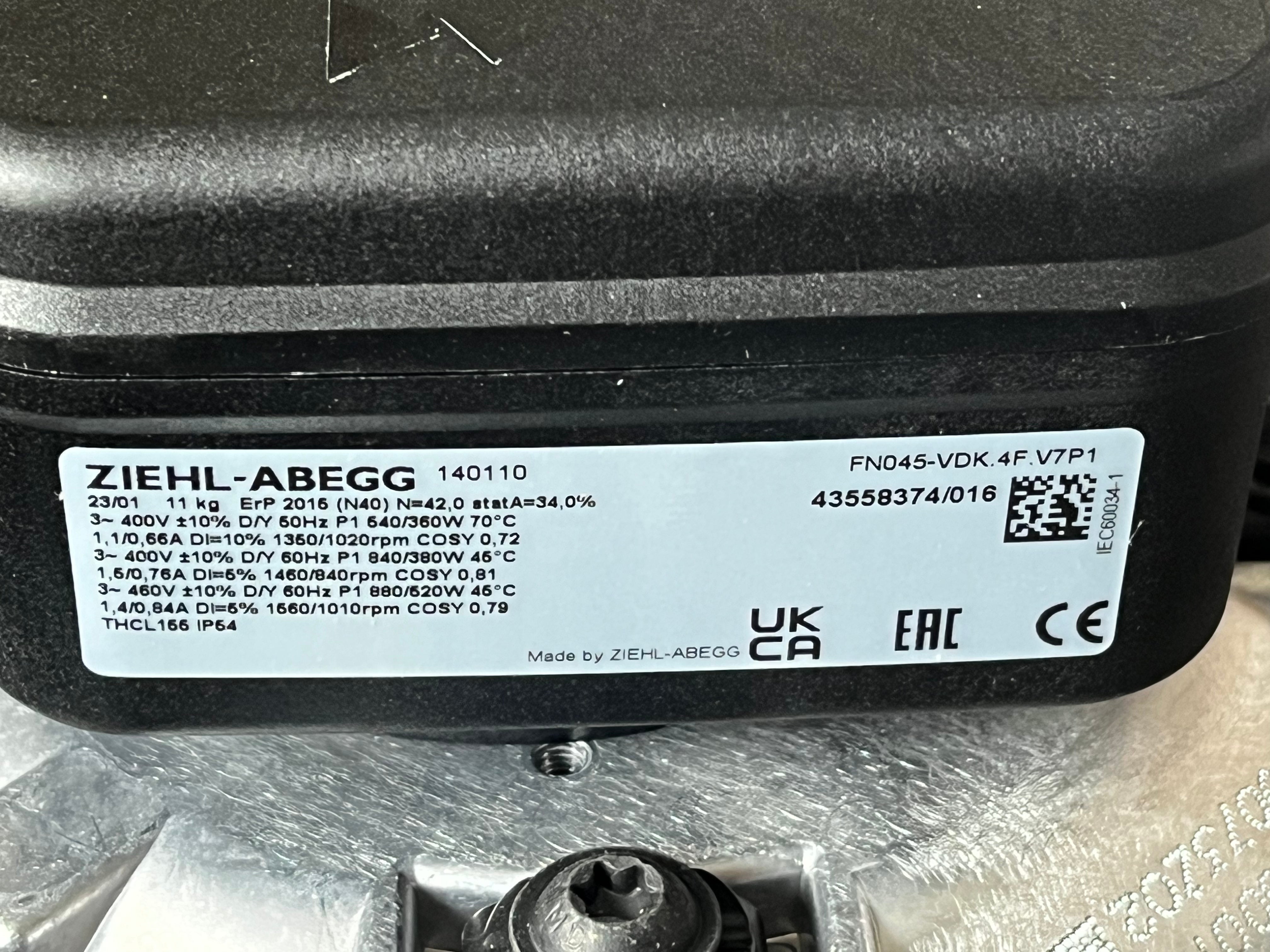 FN045-VDK.4F.V7P1 ZIEHL-ABEGG Axial Fan 400V 0.36/0.88kW 0.66/1.40A 1020/1560rpm