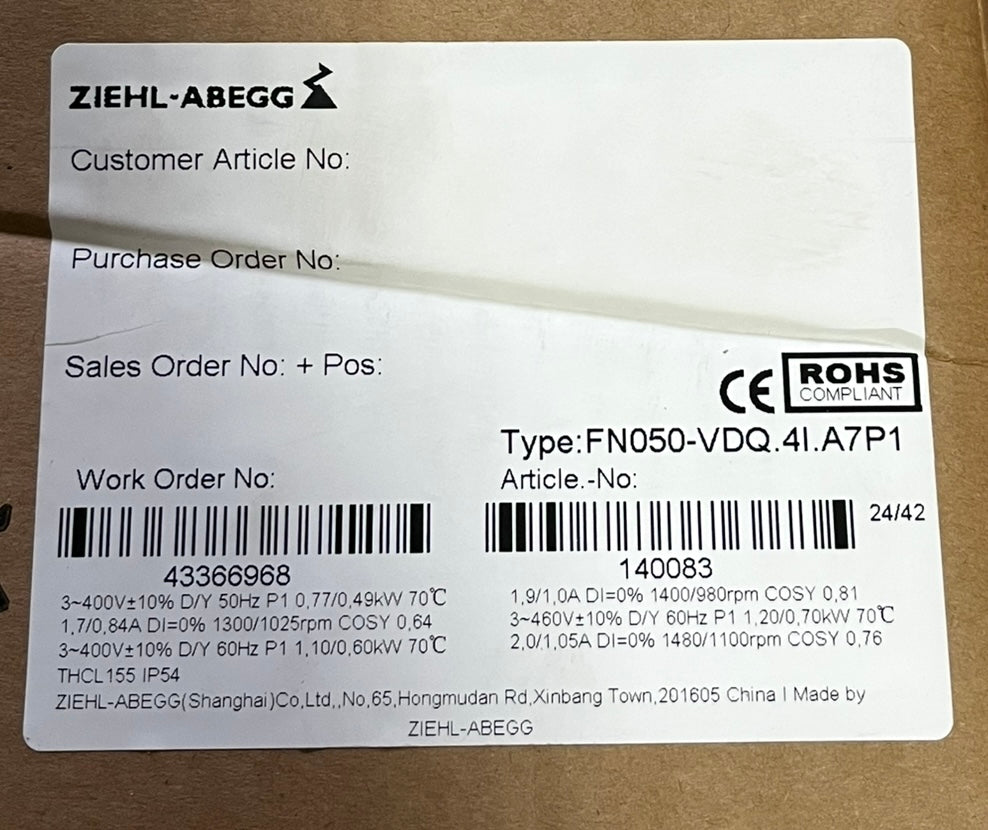 FN050-VDQ.41.A7P1  ZIEHL-ABEGG Axial Fan 400V 0.83/0.55kW 1.45/0.97A 1330/940rpm