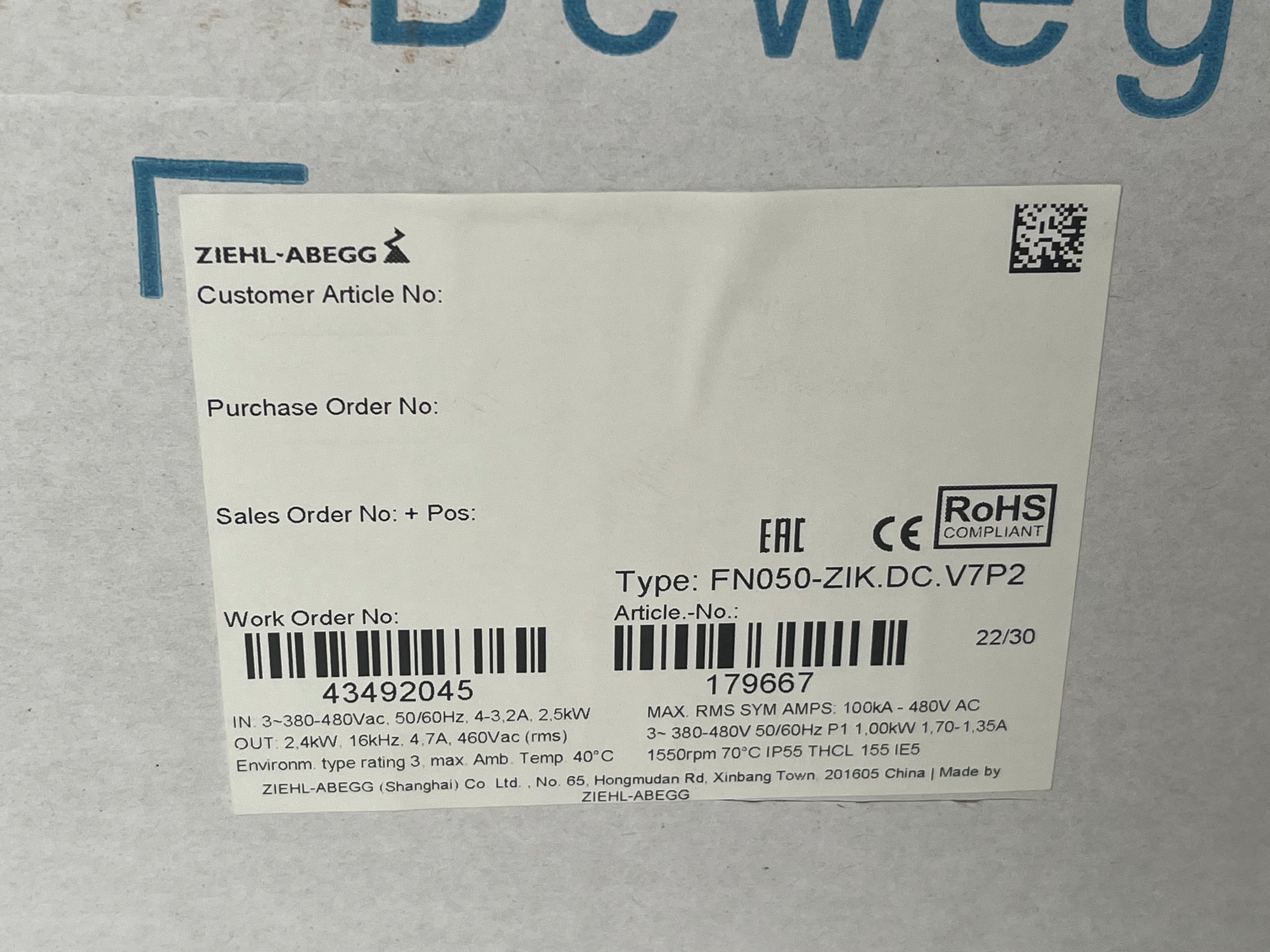 FN050-ZIK.DC.V7P2(Art. 179667) ZIEHL-ABEGG Axial Fan 3~380-480V 1.0kW 1.7/3.5A 1550rpm