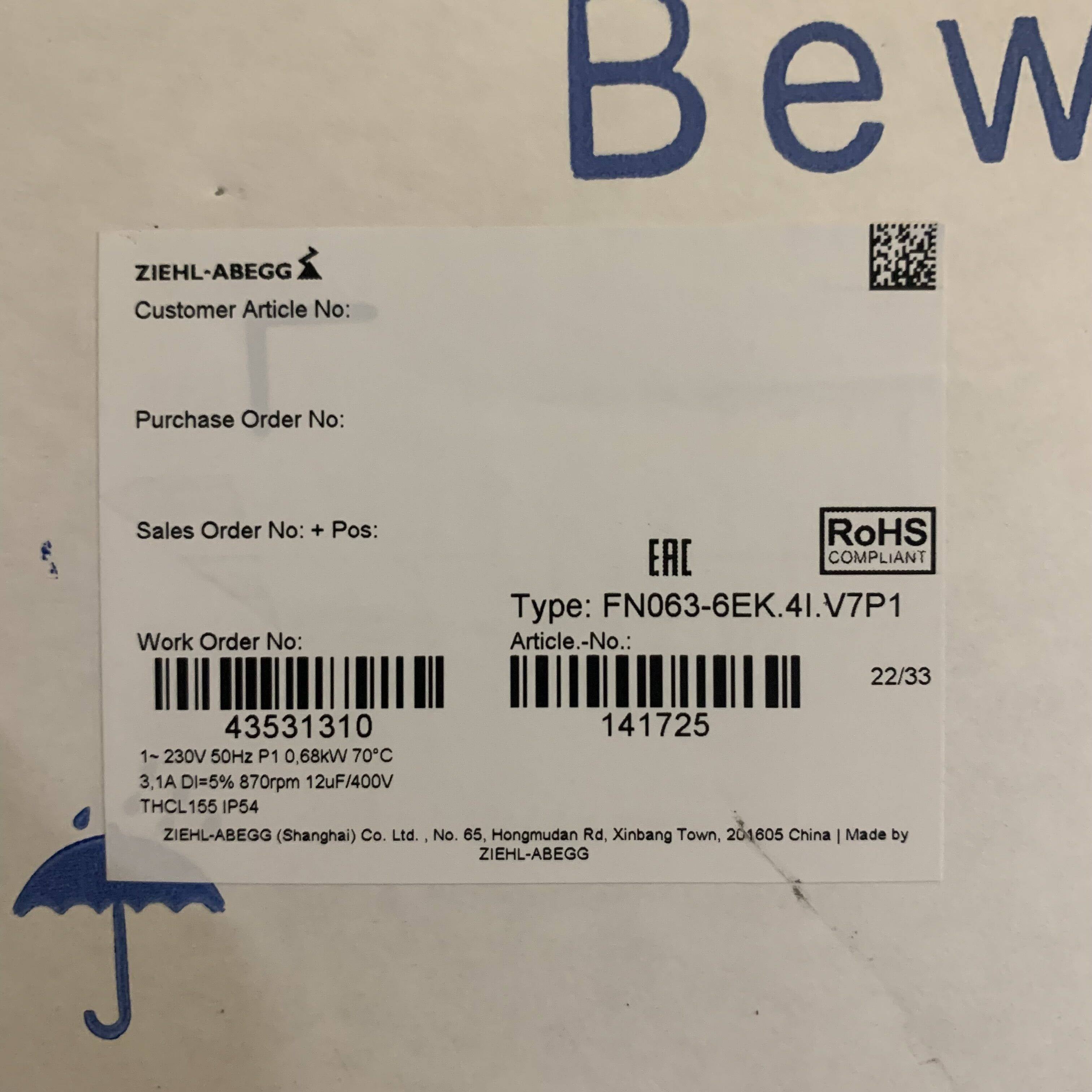 FN063-6EK.4I.V7P1 ZIEHL-ABEGG Axial Fan 230V 50HZ 0.68 KW 3.1 A