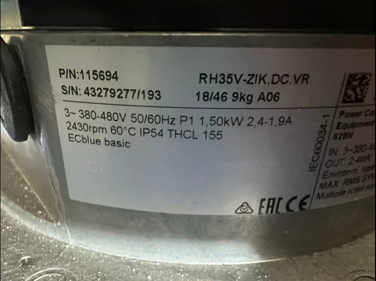 RH35V-ZIK.DC.VR ZIEHL-ABEGG centrifugal fan 3-380-400V | 1.25Kw 2500RPM 2.4-1.9A