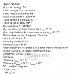 GR56C-ZIK.GL.CR ZIEHL-ABEGG centrifugal fan 380/480V 5.4KW 8.60-6.80A 1800rpm
