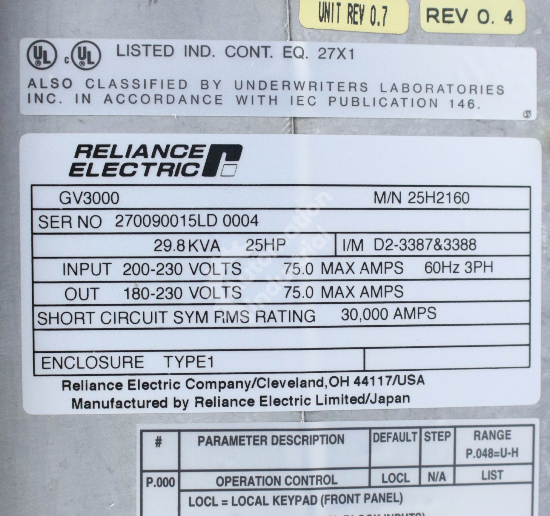 25H2160 by Reliance Electric 25HP 230AC GV3000 Drive New Surplus Factory Package