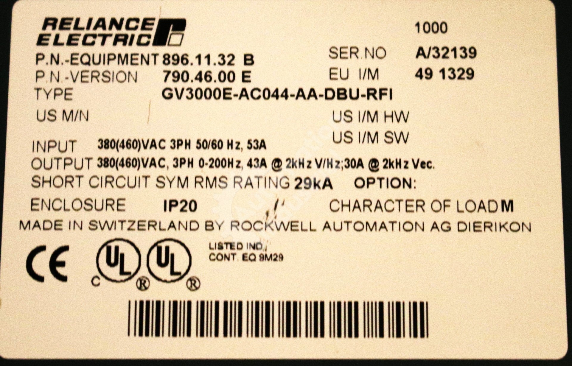 GV3000E-AC044-AA-DBU-RFI by Reliance Electric 3 Phase 460V AC Drive GV3000