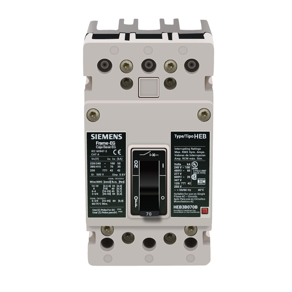 Siemens HEB3B070 70A 3-Pole Molded Case Circuit Breaker 65kA 480V Bolt-On