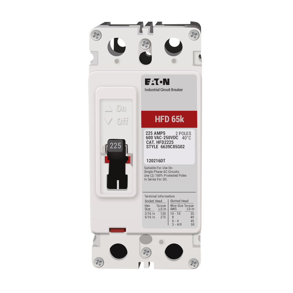 HFD2225 | Eaton 225A 2-Pole 600V Series C F-Frame Thermal Magnetic Molded Case Circuit Breaker