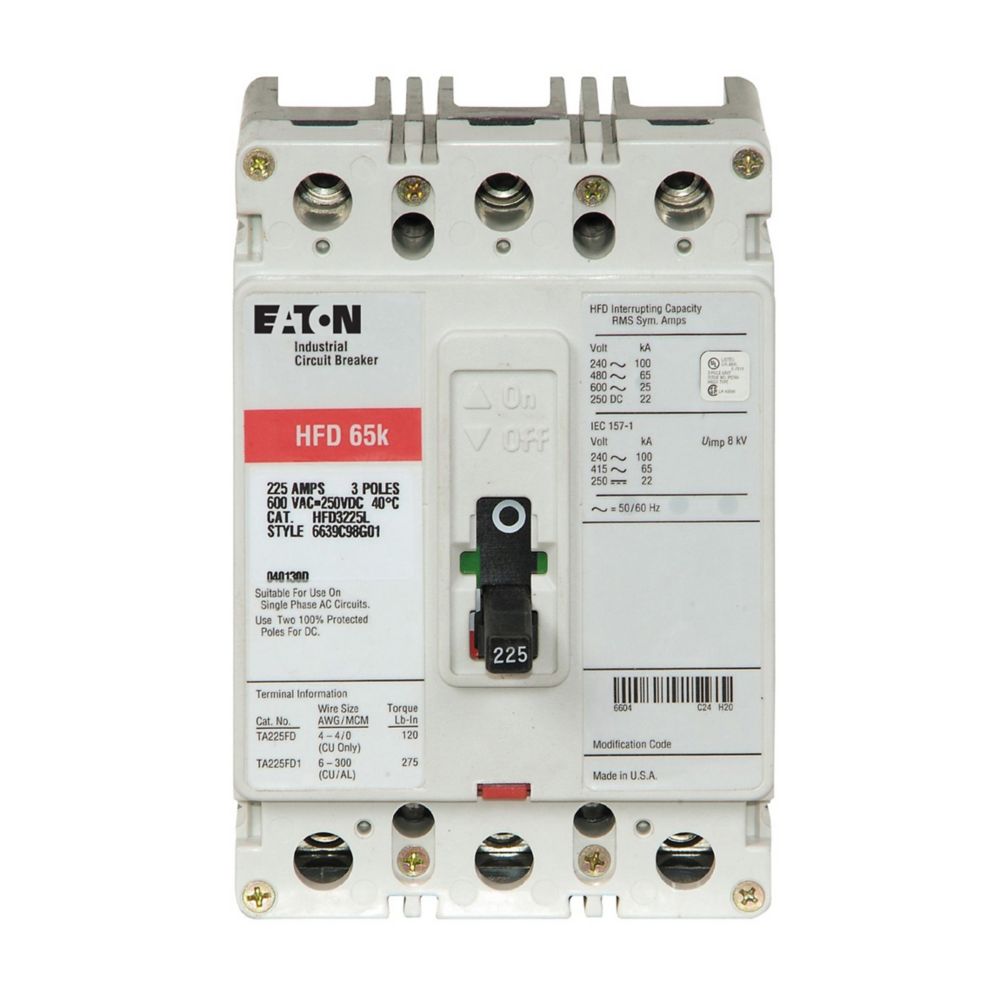 Eaton HFD3225L Series C 225A 3-Pole Molded Case Circuit Breaker for Industrial Power Distribution