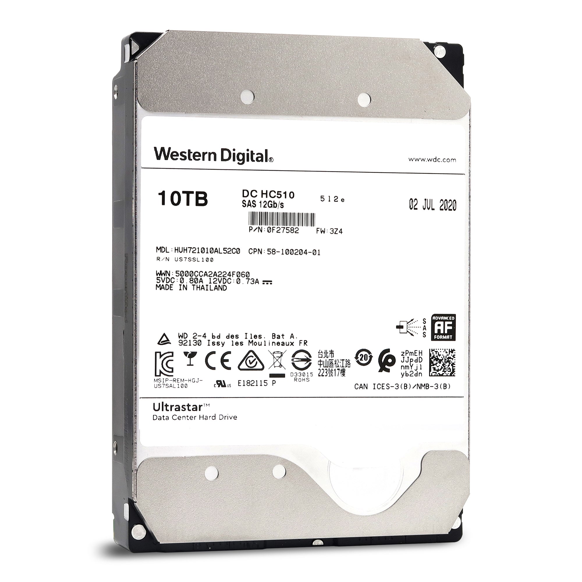 Western Digital DC HC510 HUH721010AL52C0 0F27582 10TB 7.2K RPM SAS 12Gb/s 512e 3.5in Hard Drive