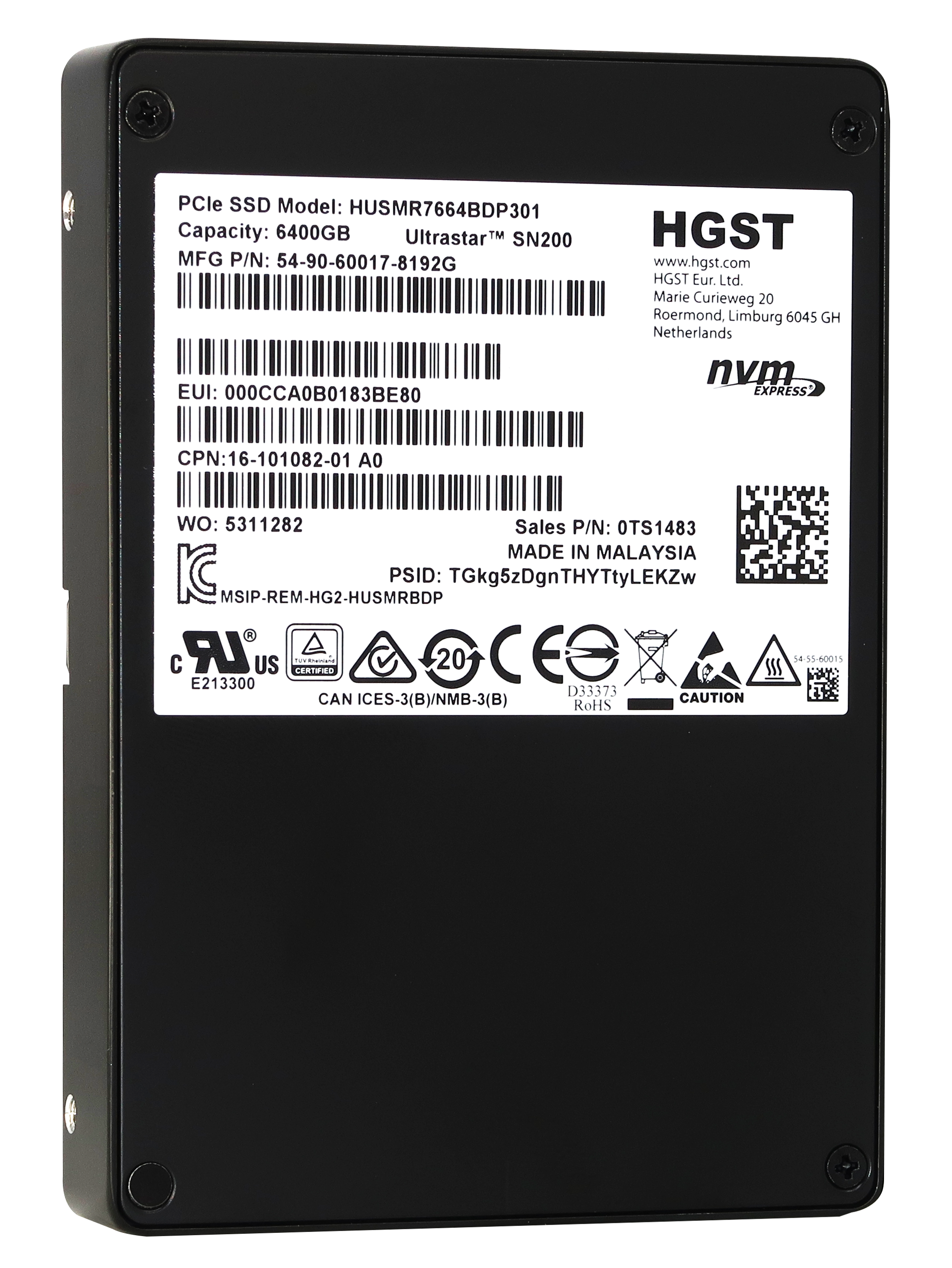 Western Digital Ultrastar DC SN200 HUSMR7664BDP301 0TS1317 6.4TB PCIe Gen 3.0 x4 4GB/s U.2 NVMe 3DWPD MLC 2.5in Solid State Drive