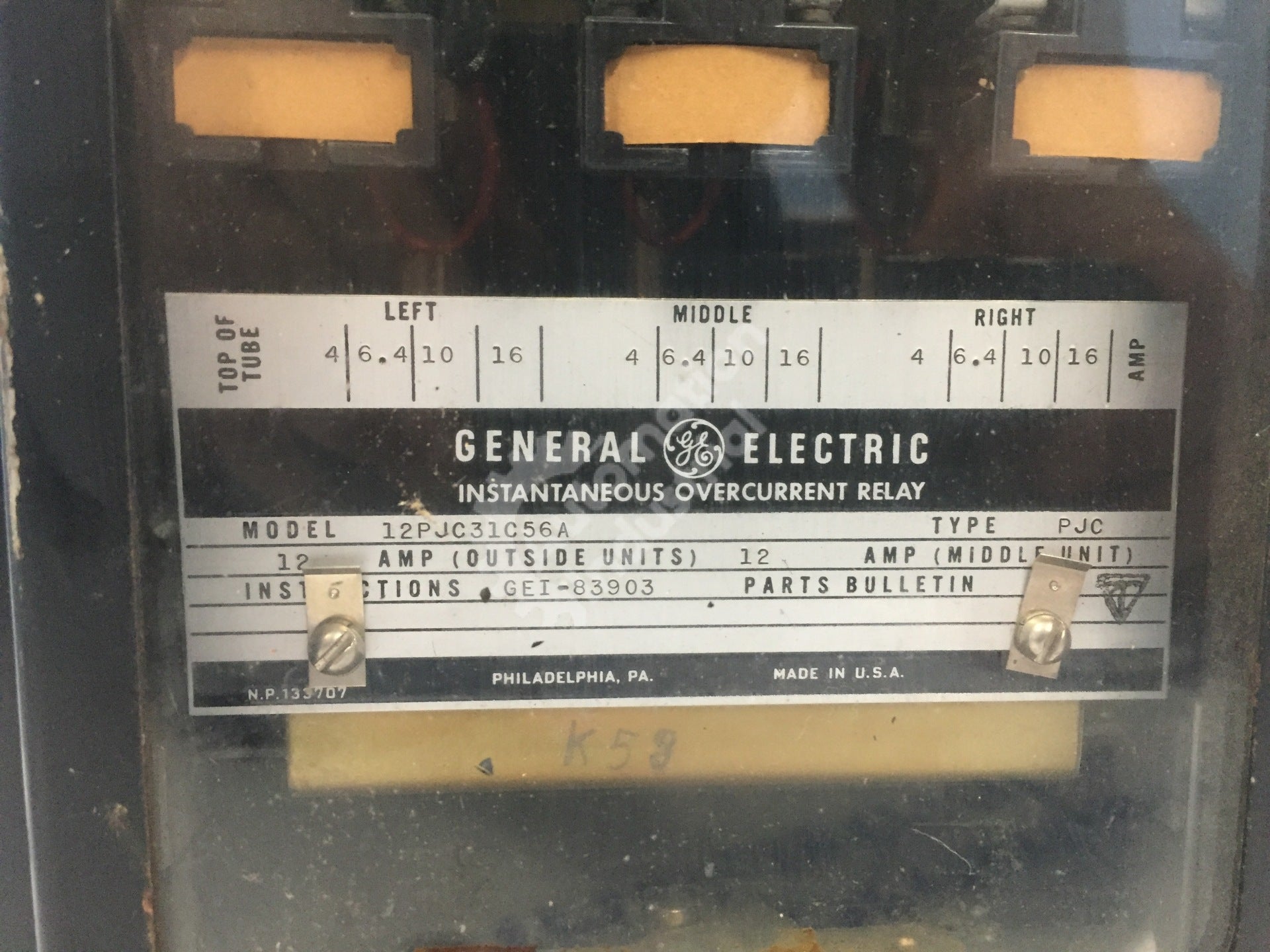 GE General Electric Model 12PJC31C56A Time Overcurrent Relay