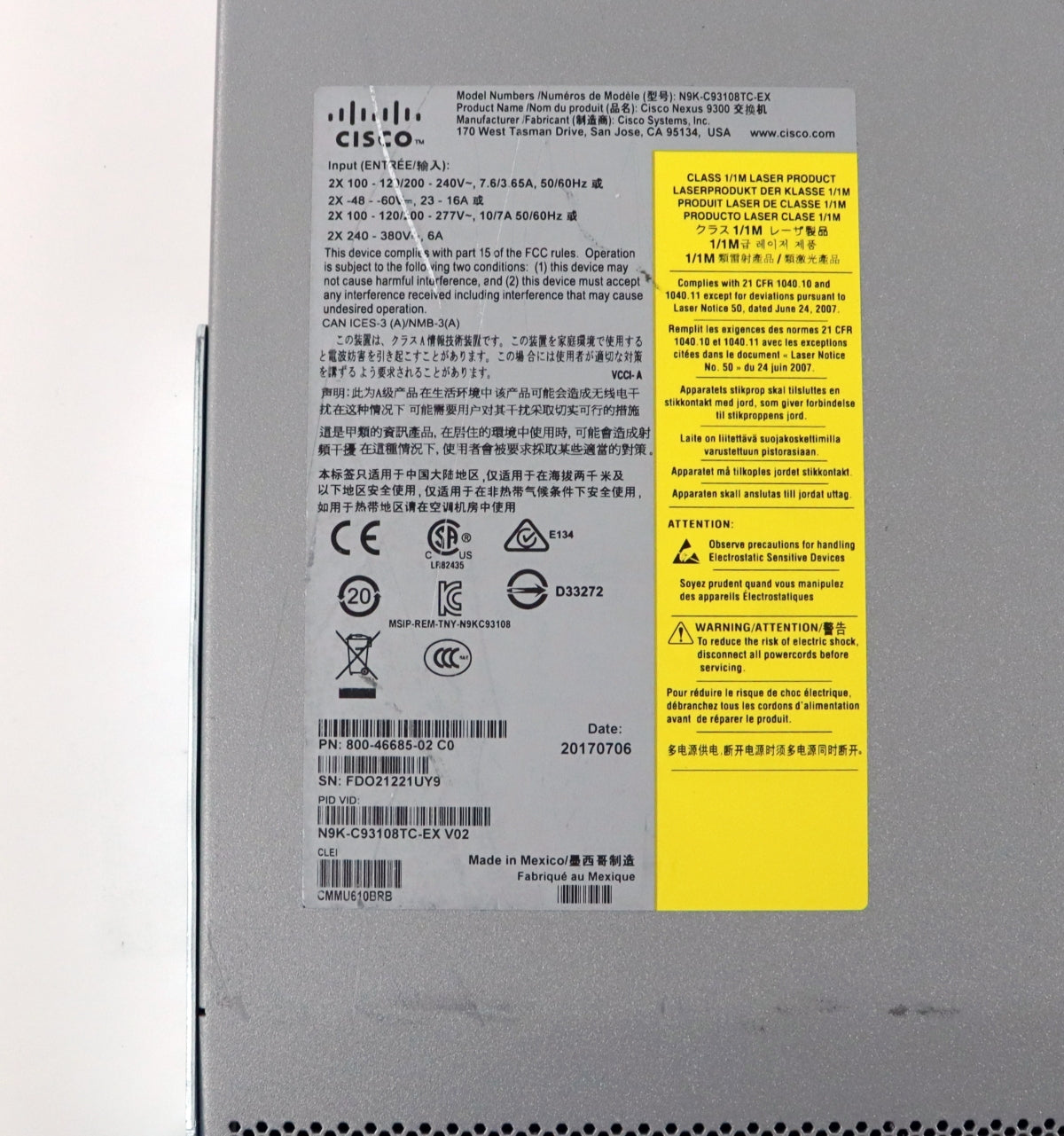 Cisco N9K-C93108TC-EX Nexus 9300-EX 48-Port 10G Data Center Network Switch