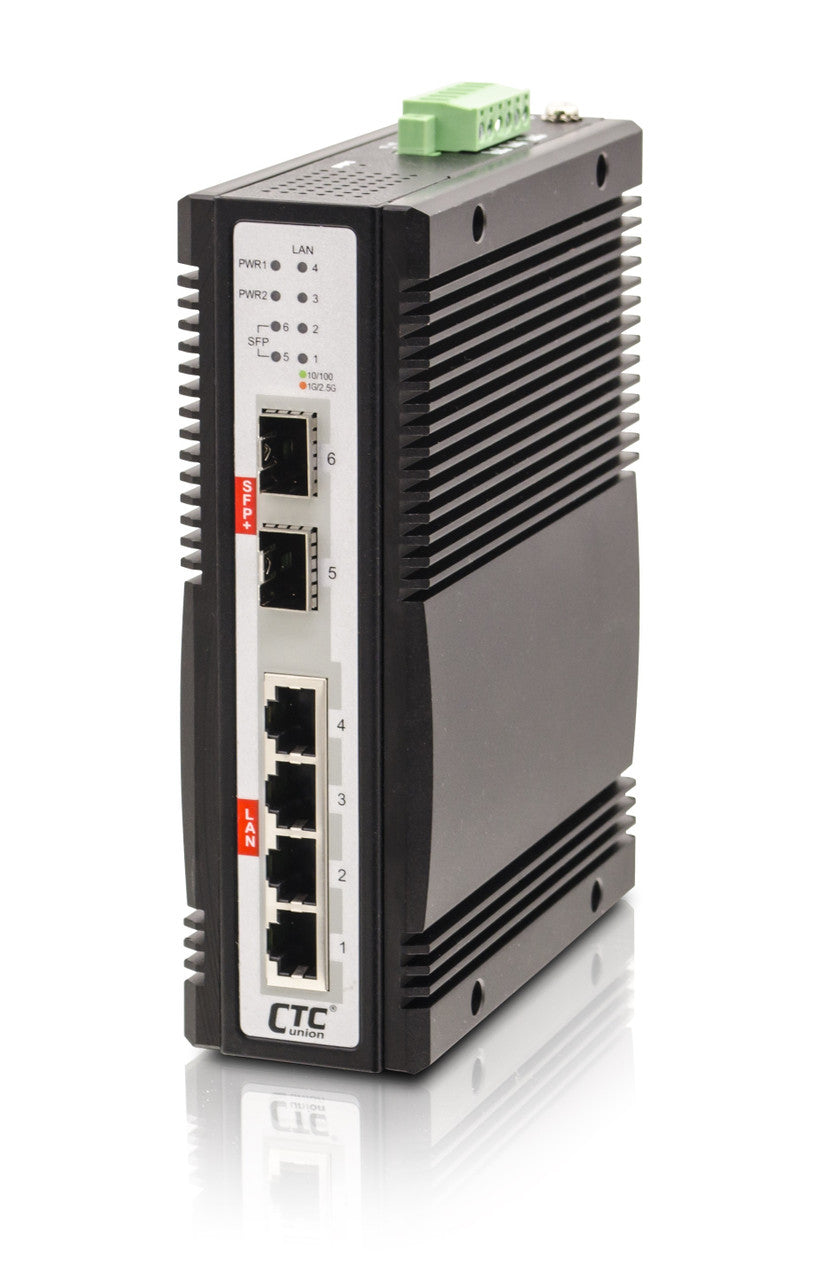 IQS-402XSM-4PH - 4 copper + 2 SFP+ ports SNMP/web-managed 2.5G Ethernet Industrial switch with 10G uplinks, 4 PoE+ ports 120W budget, DIN rail mountable