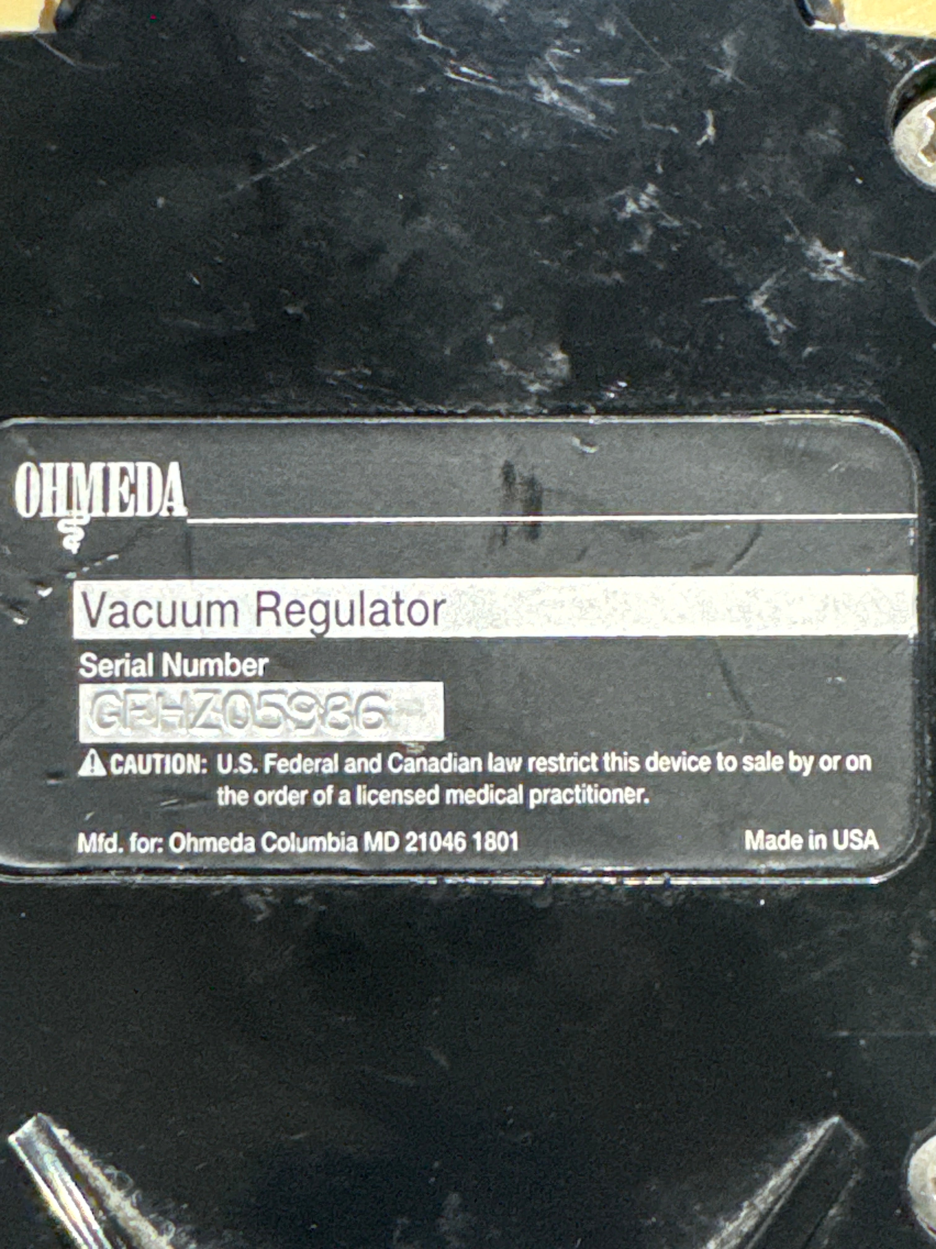 Ohmeda Medical Vacuum Regulator